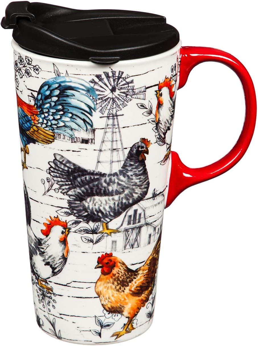 Cypress Home Ceramic Travel Cup, 17 OZ.,w/box, Chicken Collage