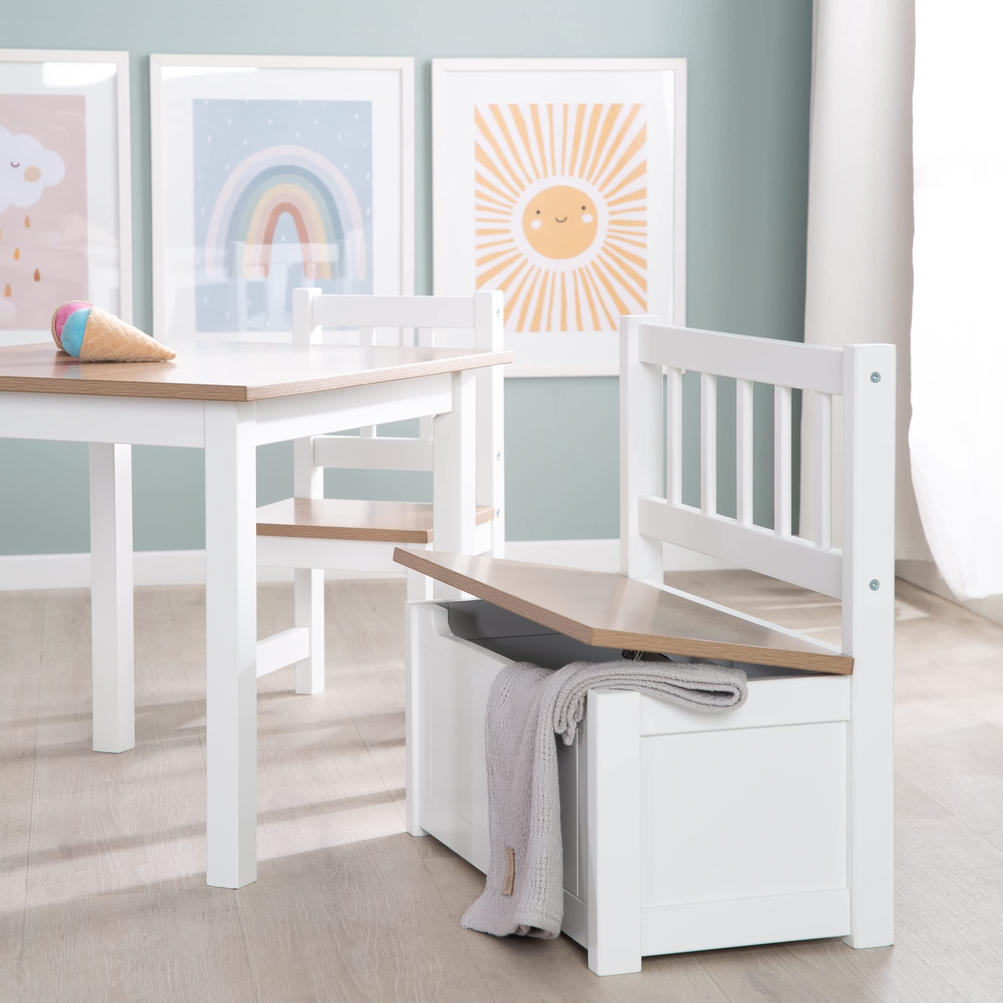 roba Banc-Coffre à Jouets Woody pour Enfant en Bois - Résistant aux Rayures - avec Charnière de Sécurité à Fermeture Douce - dès 18 Mois - Blanc/Aspect Bois