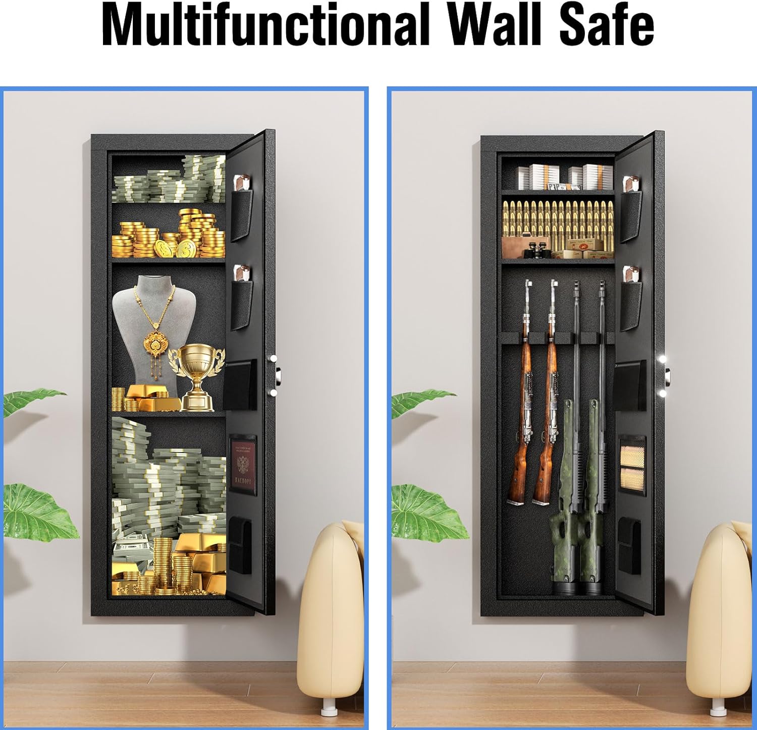 Two images showing the interior of the wall safe, one filled with money and jewelry, the other with rifles and ammunition, demonstrating its versatility.