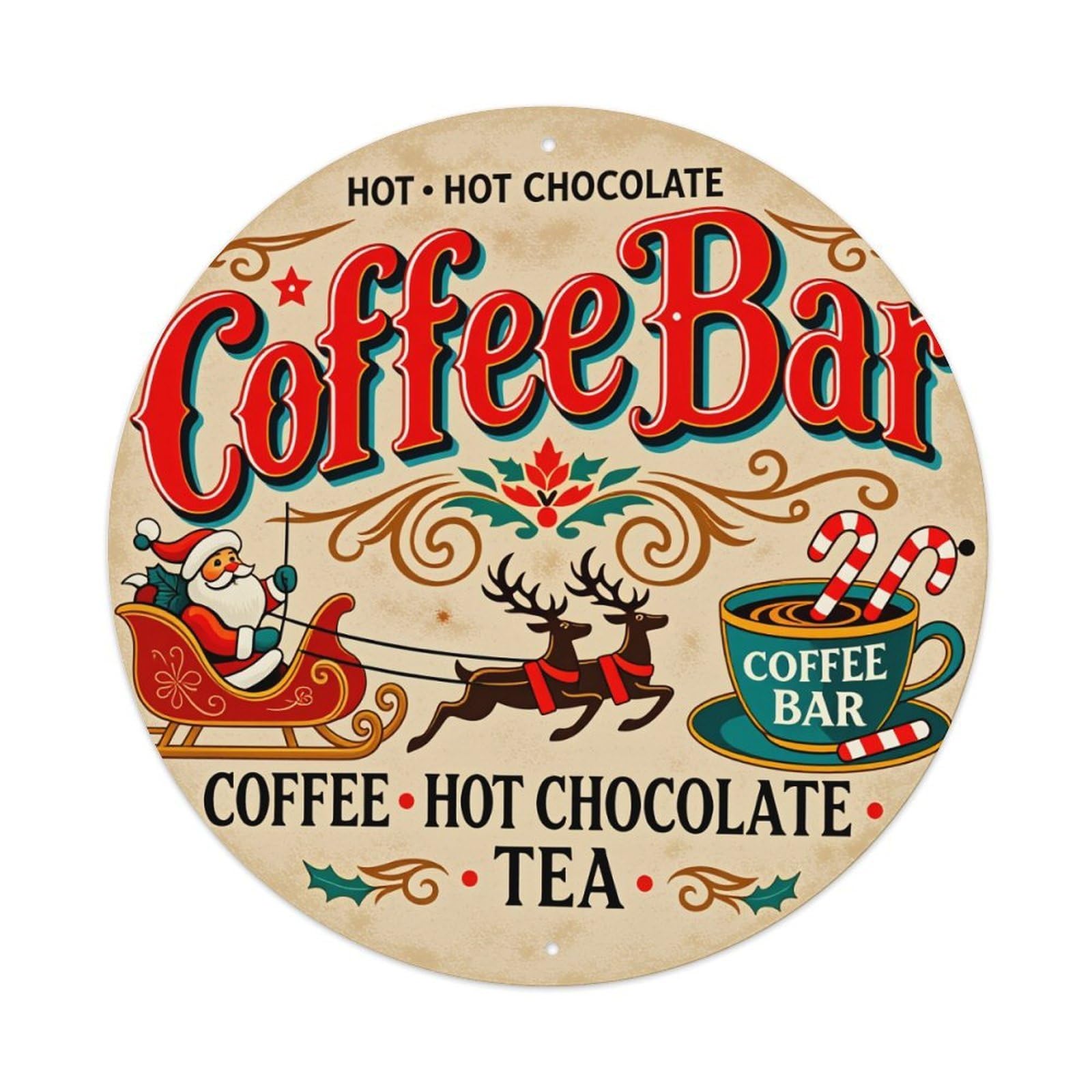 Santa Sleigh Reindeer Coffee Cup Tin Sign Vintage Style Home Bar Garden Wall Plaque Decor Metal Poster 8x12 Inch