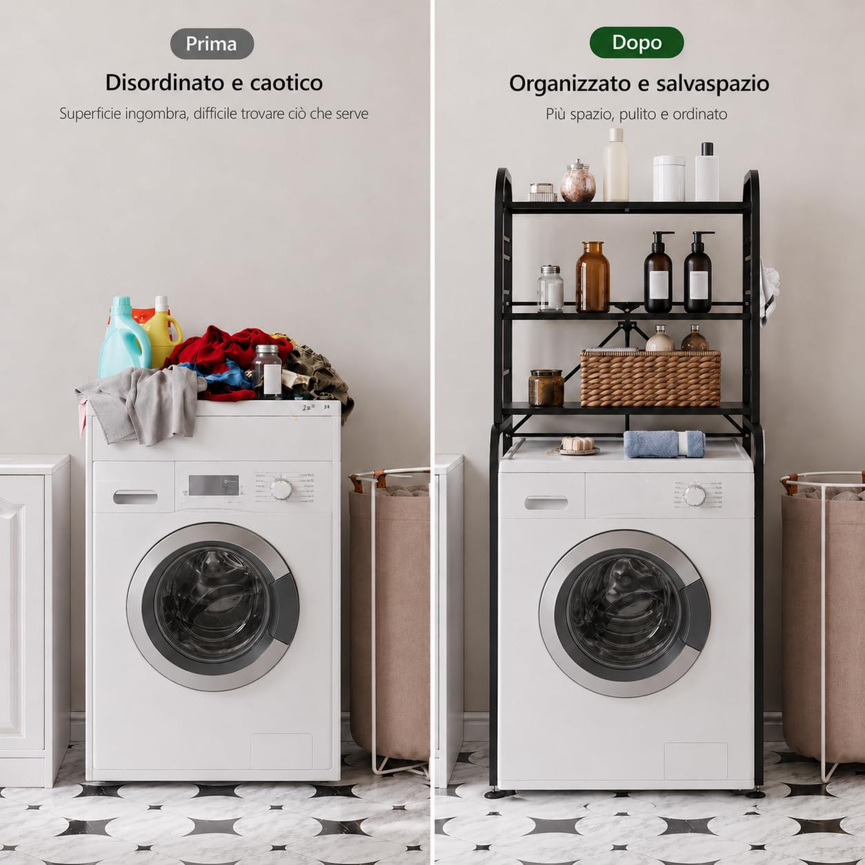 Scaffale Sopra Lavatrice in Metallo a 3 Ripiani, Mobiletto per Lavatrice con 8 Ganci, Ripiano Sopra Lavatrice Regolabile in Altezza, Organizer Stabile per Bagno WC Lavanderia, 66x155x49 cm