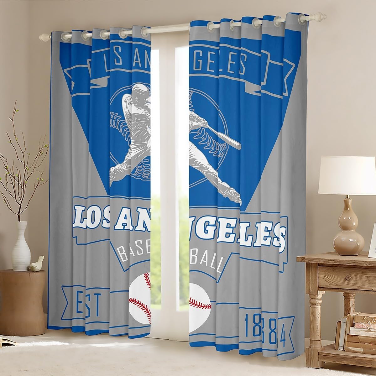 Feelyou Baseball Curtains for Bedroom Living Room Los Angeles Blackout Shades Baseball City Room Darkening Curtain Sports Game Window Treatments, 2 Panels 38 x 45 Inch Decor