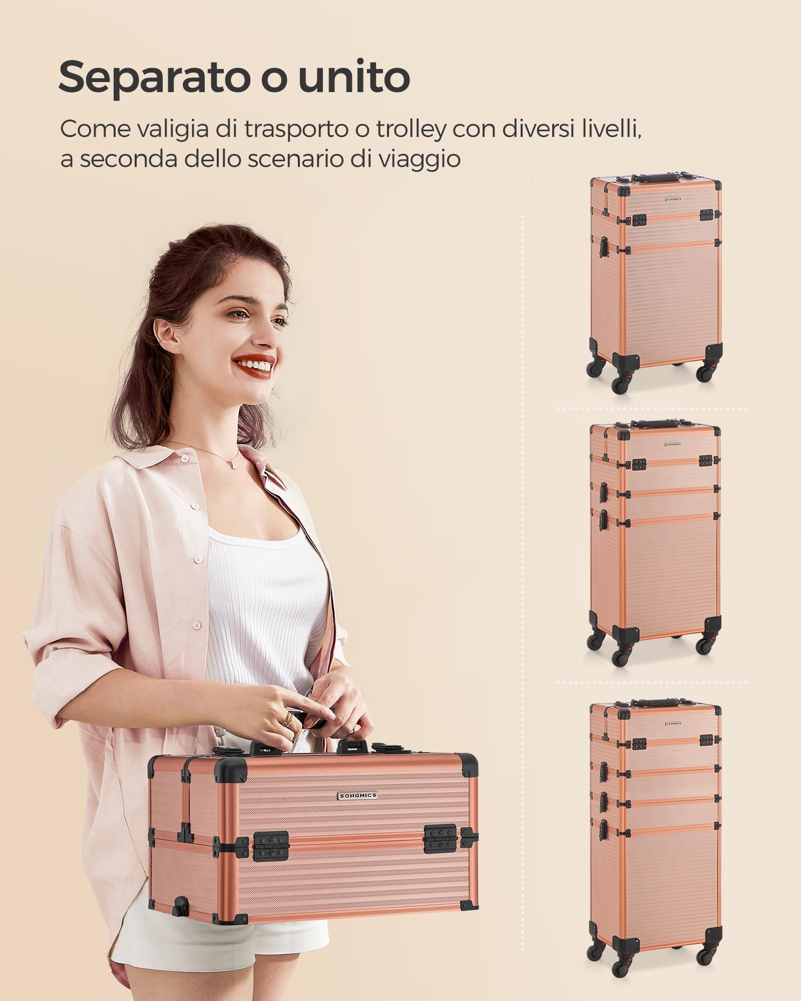 SONGMICS Valigia per il trucco professionale 3 in 1, valigetta cosmetica, bloccabile, ruote a 360°, per viaggi, manicure, truccatore, acconciatura, Oro Champagne, 4-en-1 (79,3H cm), Elegante