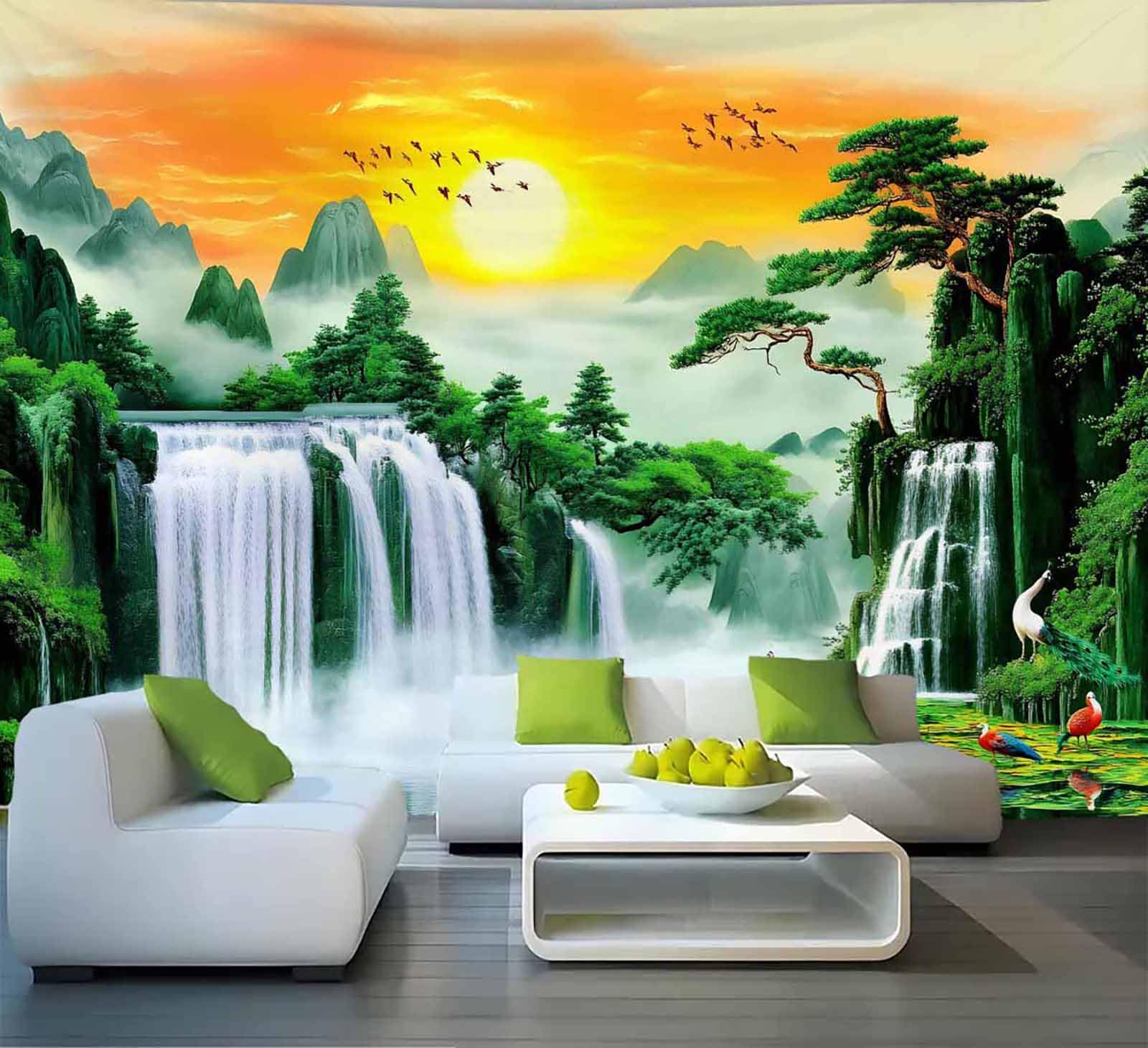 FENDROM Asian Traditional Chinese Mountains and Sunset Tapestry Animals In Wonderland Forest Waterfall Lake Landscape Wall Blanket for Bedroom Living