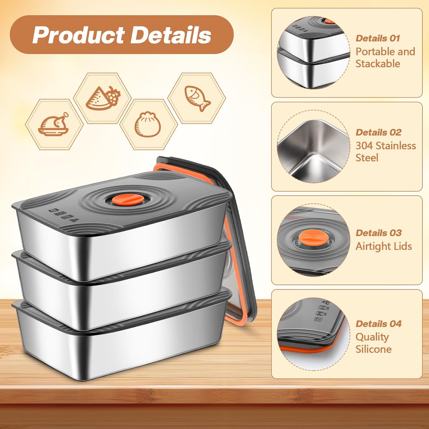 8 Set 60oz Stainless Steel Food Storage Containers Reusable Metal Meat Marinating Container with Lids Fruit Lunch Storage Box for Leftovers,dishwasher and Freezer Safe 1800ml - Image 3