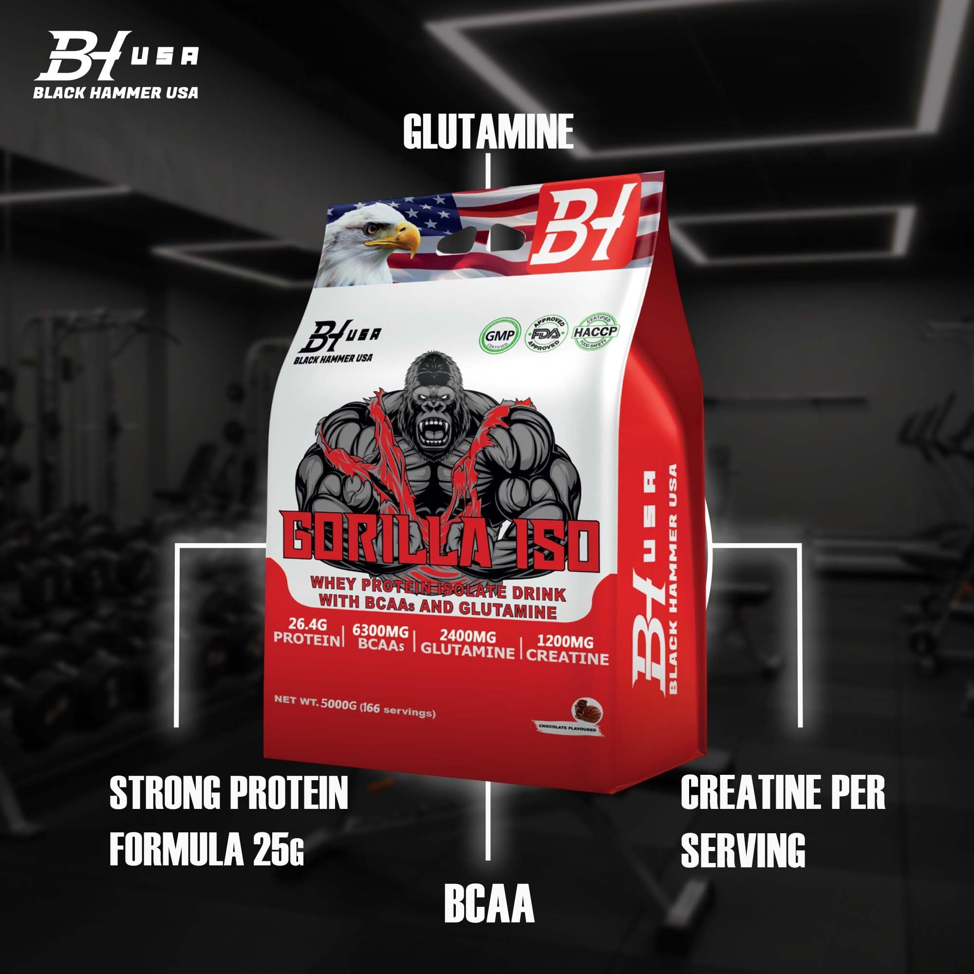 Gorilla ISO Whey Protein Isolat 10 kg (2 x 5 kg) – Banane-Erdbeere & Schokolade – 26,4 g Protein, 6,3 g BCAA, 12,66 g EAA, Kreatin & Glutamin – Black Hammer USA