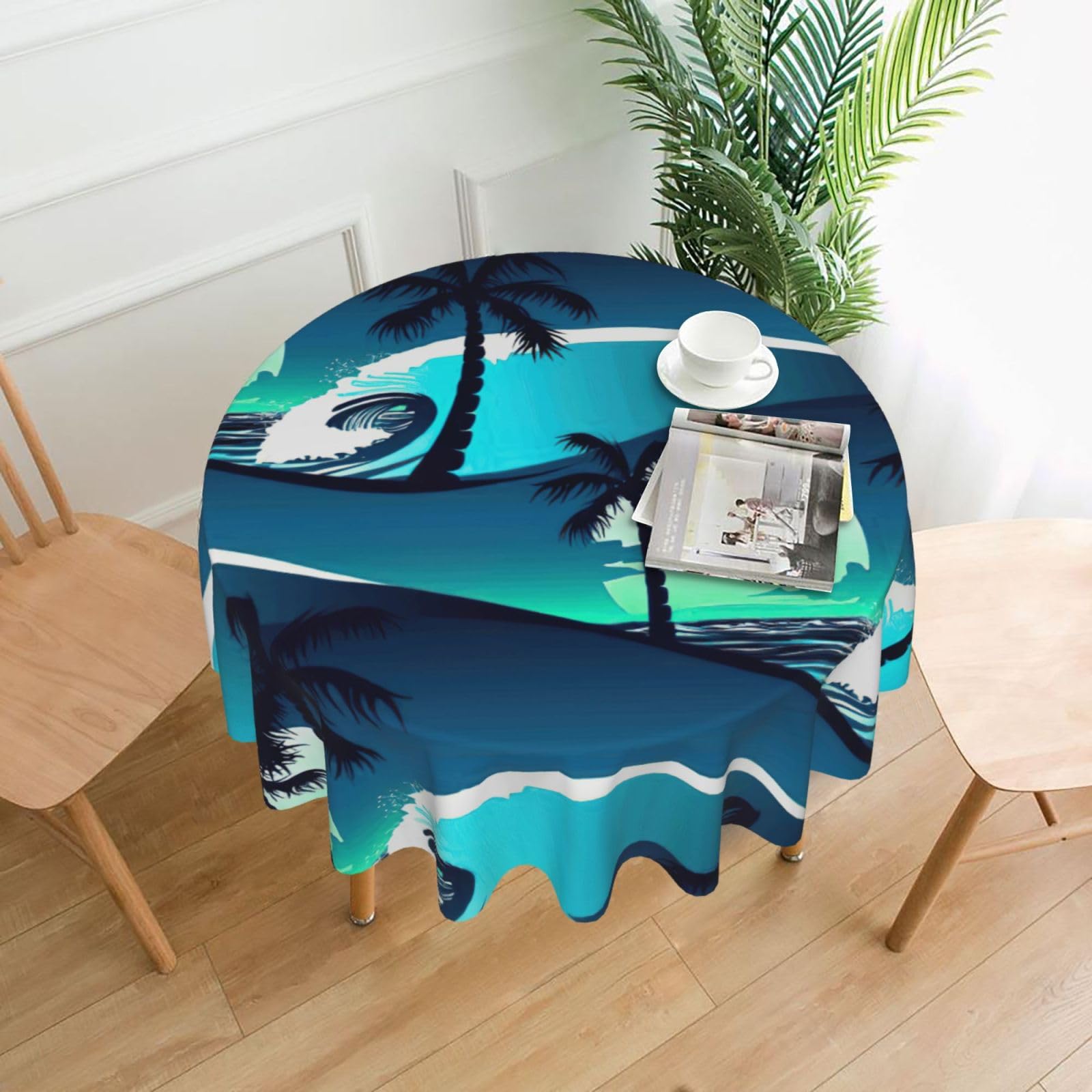 SDEGTHO skateboard with palm trees wave Print Modern Retro Round Tablecloth 60in Polyester Fabric Cover for Party Dining Table Washable