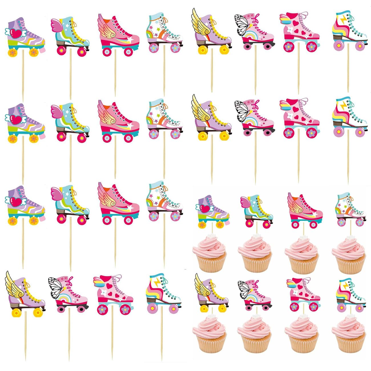Gaodercha 32Pcs Roller Skate Cupcake Toppers Retro Hip Hop Roller Skating Theme Decor Supplies Picks Birthday Cake Decorations for Party Celebration Dessert Decoration