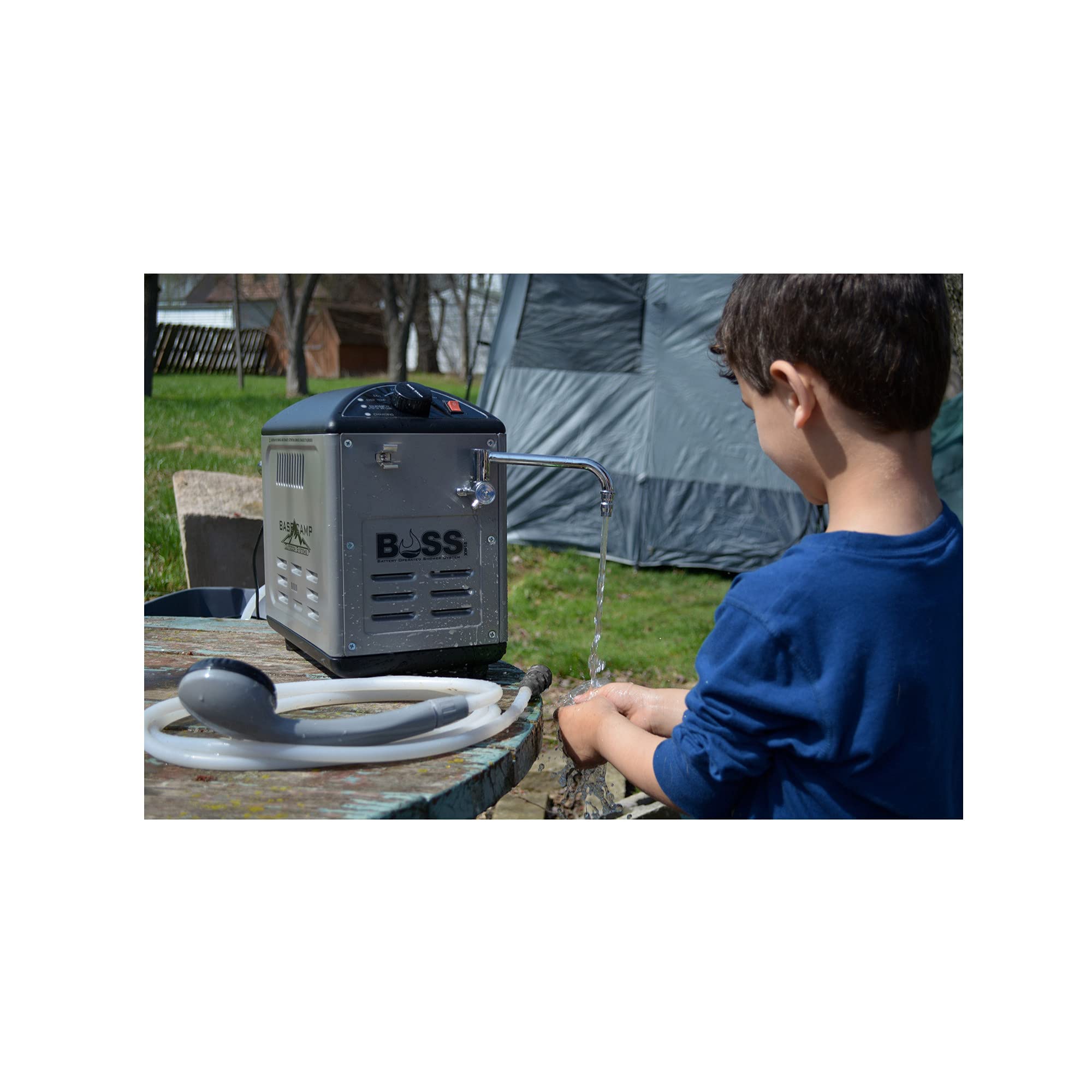 Amazon.com: Mr. Heater BaseCamp BOSS-XW18 Battery Operated Shower System  with Extra 10-Feet Hose Bundle (2 Items) : Patio, Lawn u0026 Garden