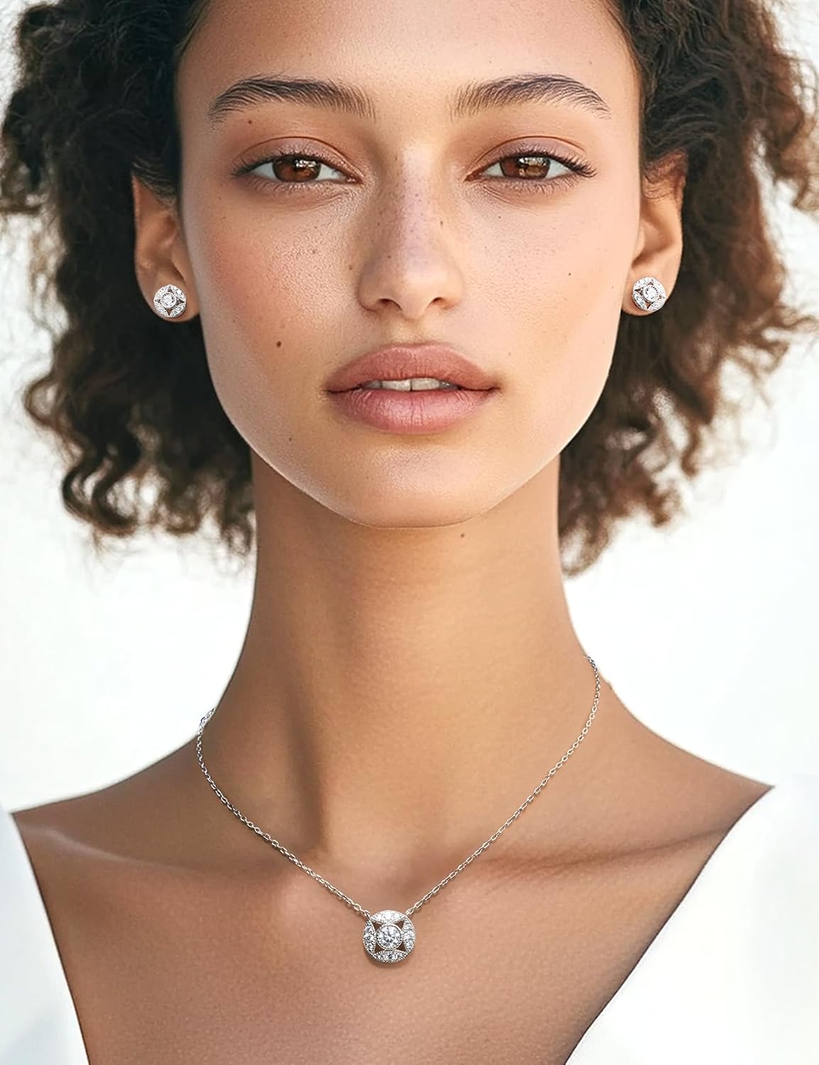 Vintage Cubic Zirconia Necklace Earring Set for Women in White Gold Plated, Round Paved Simulated Diamond Pendant Necklace & Cross Star Earrings Studs, Dainty Cz Jewelry Set for Women - Image 4