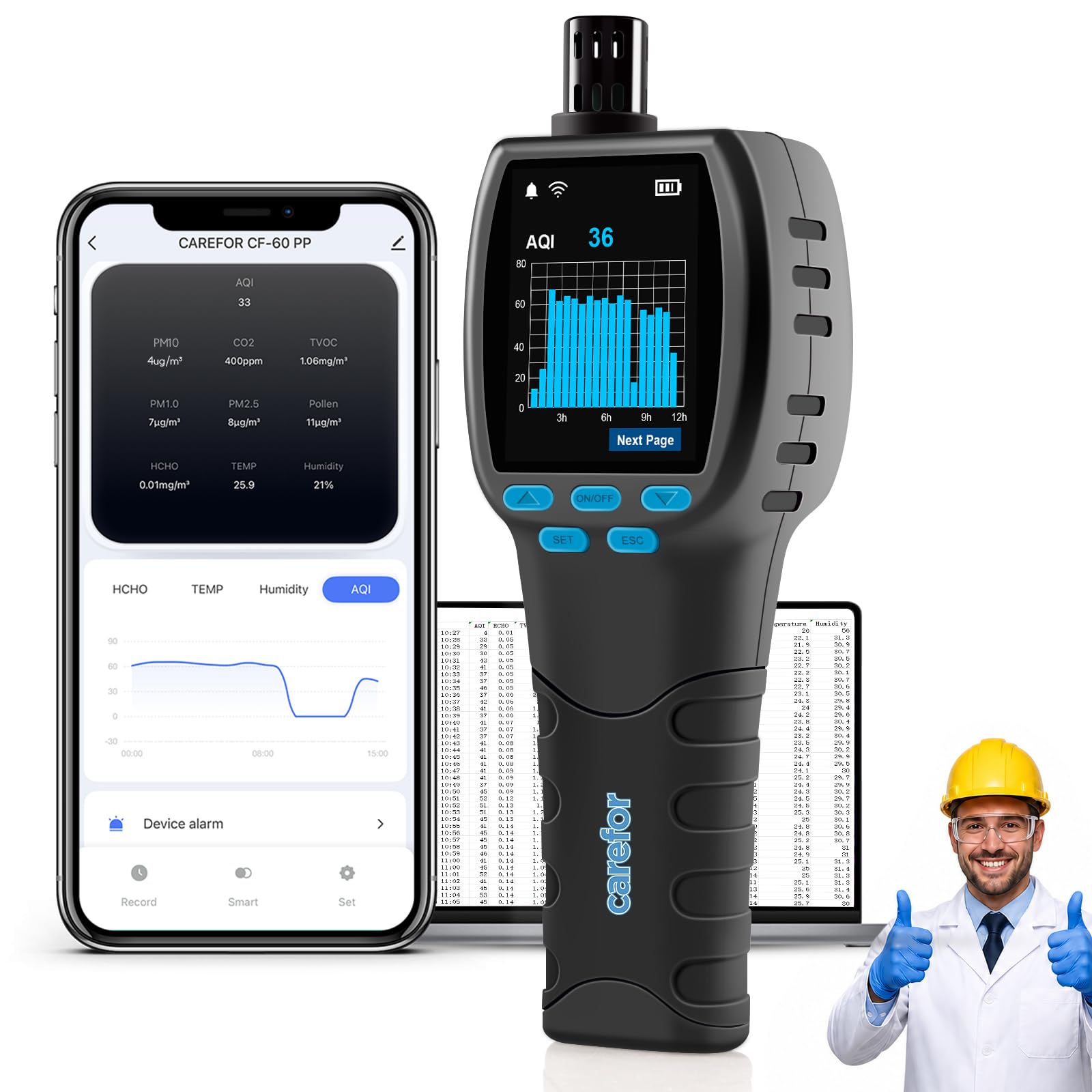 Air Quality Monitor CF-60PP WiFi Air Quality Detector PM2.5 PM10 TVOC Pollen AQI Tester for Indoor/Outdoor Air Pollution Detection TFT Color Display Rechargeable Custom Alarm CSV Report Download-picture-21