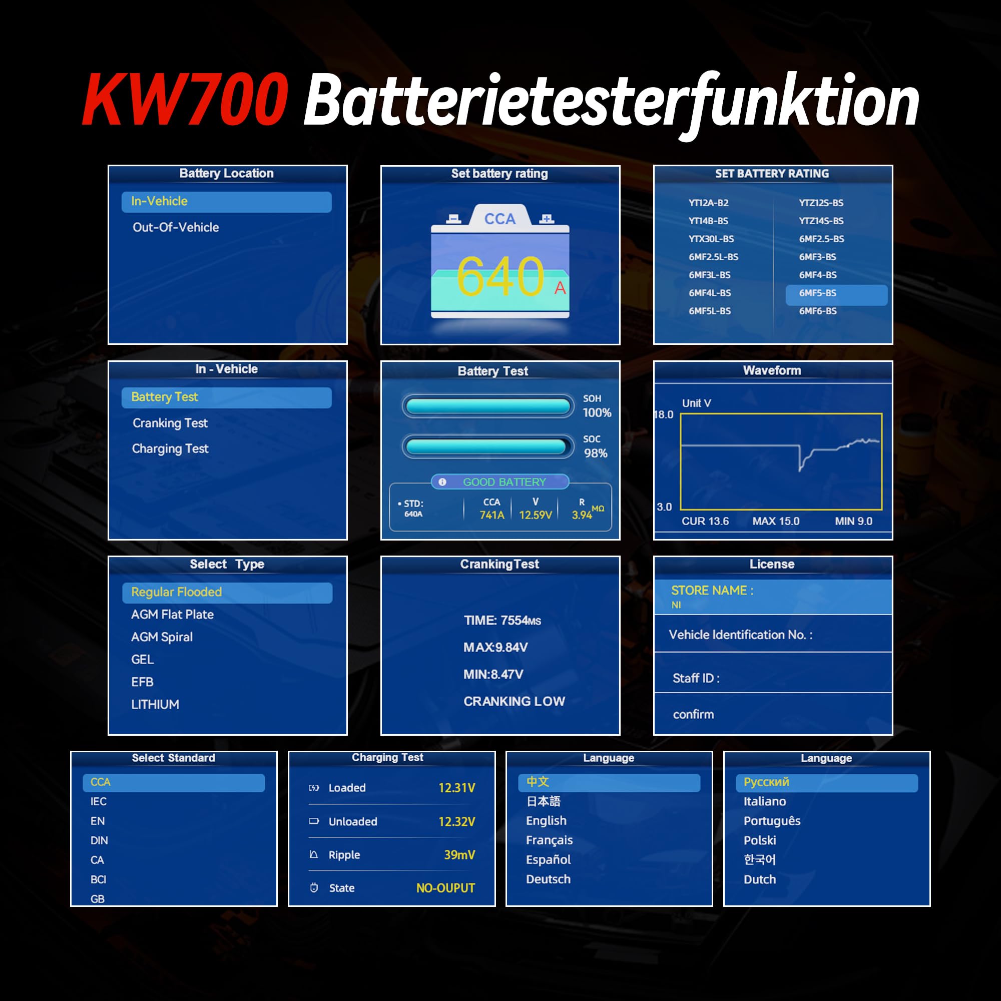 KONNWEI KW700 Batterietester mit Drucker 12V 24V Mit Druckerpapier | Batterie Tester Batterie Lasttester mit 10-2000 CCA, Anlassprüfung Ladetest Lichtmaschine Tester für KFZ LKW Motorrad