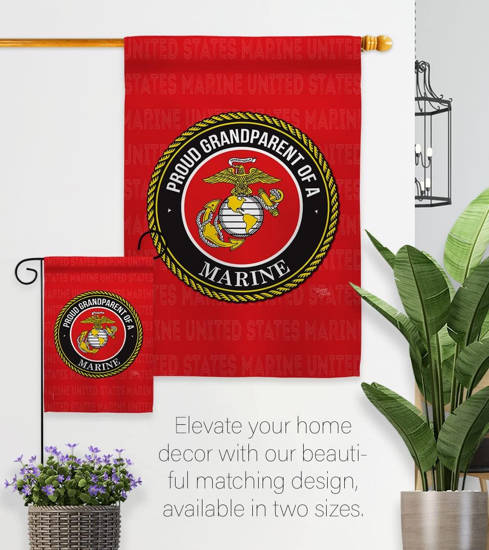 Breeze Decor Proud Grandparent Garden Flag Set Wood Dowel Armed Forces Marine Corps USMC Semper Fi United State American Military Veteran Retire Official House Yard Gift Double-Sided, Made in USA