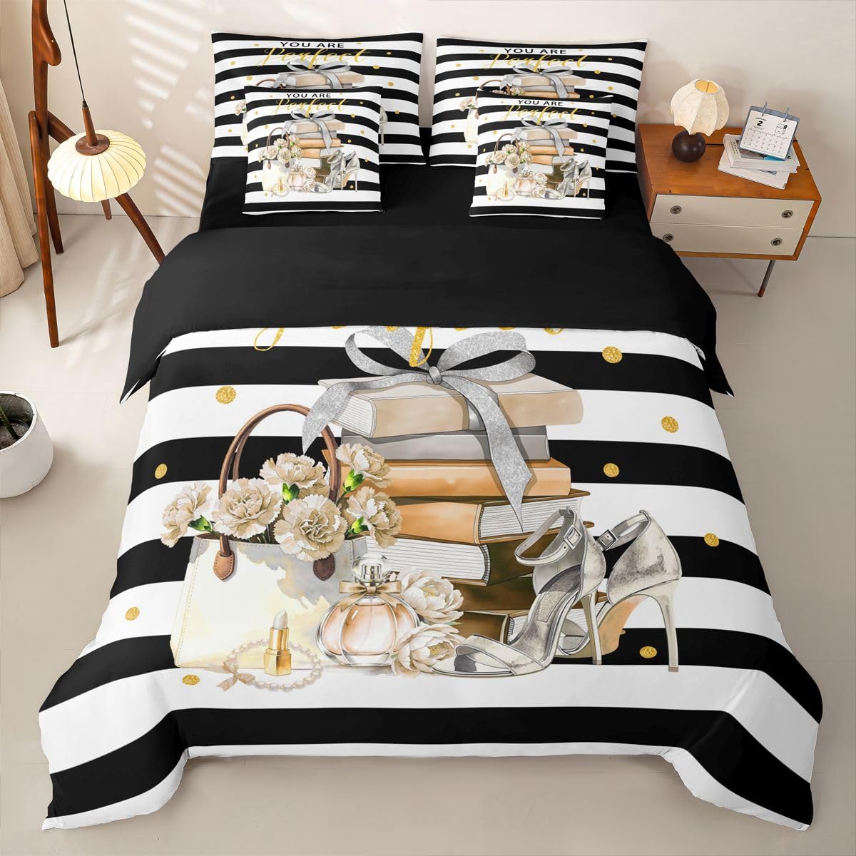 Loussiesd Juego de funda de edredón tamaño King con sábanas para niños y niñas, blanco, negro y dorado, juego de ropa de cama de 7 piezas, ropa de cama perfumada en una bolsa, zapatos de tacón alto