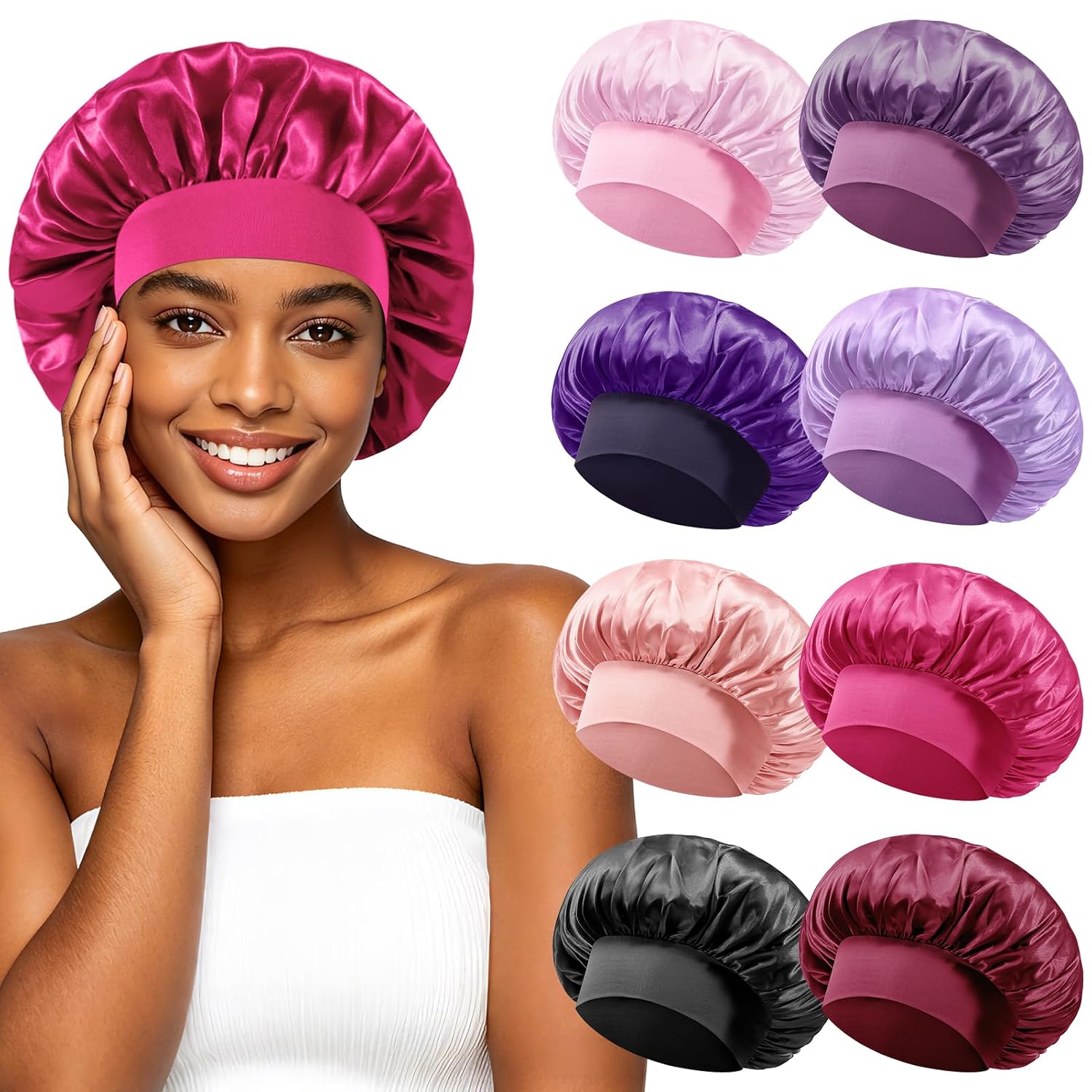 8 Pcs Satin Bonnets for Sleeping, 11.8 Inch Colors Satin Lined Silky Sleeping Bonnets, Wide Band Sleep Cap Hair Wrap for Women and Girls, Solid Color Bonnet for Curly Hair(Multicolor)