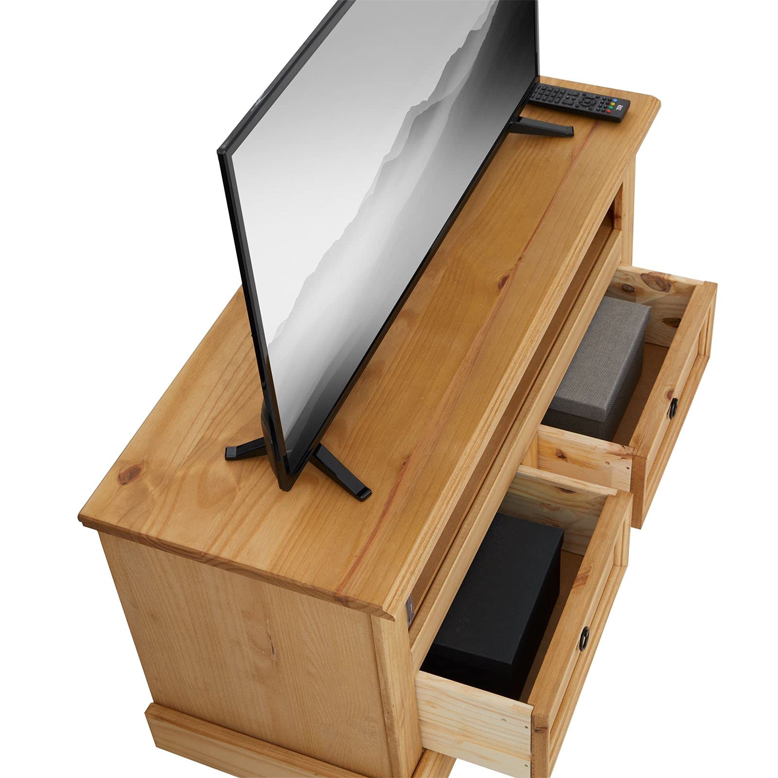 TV Lowboard Salsa 110 cm Fernsehtisch Mexiko Möbel Kiefer massiv gebeizt und gewachst, 2 Schubladen, 1 offenes Fach