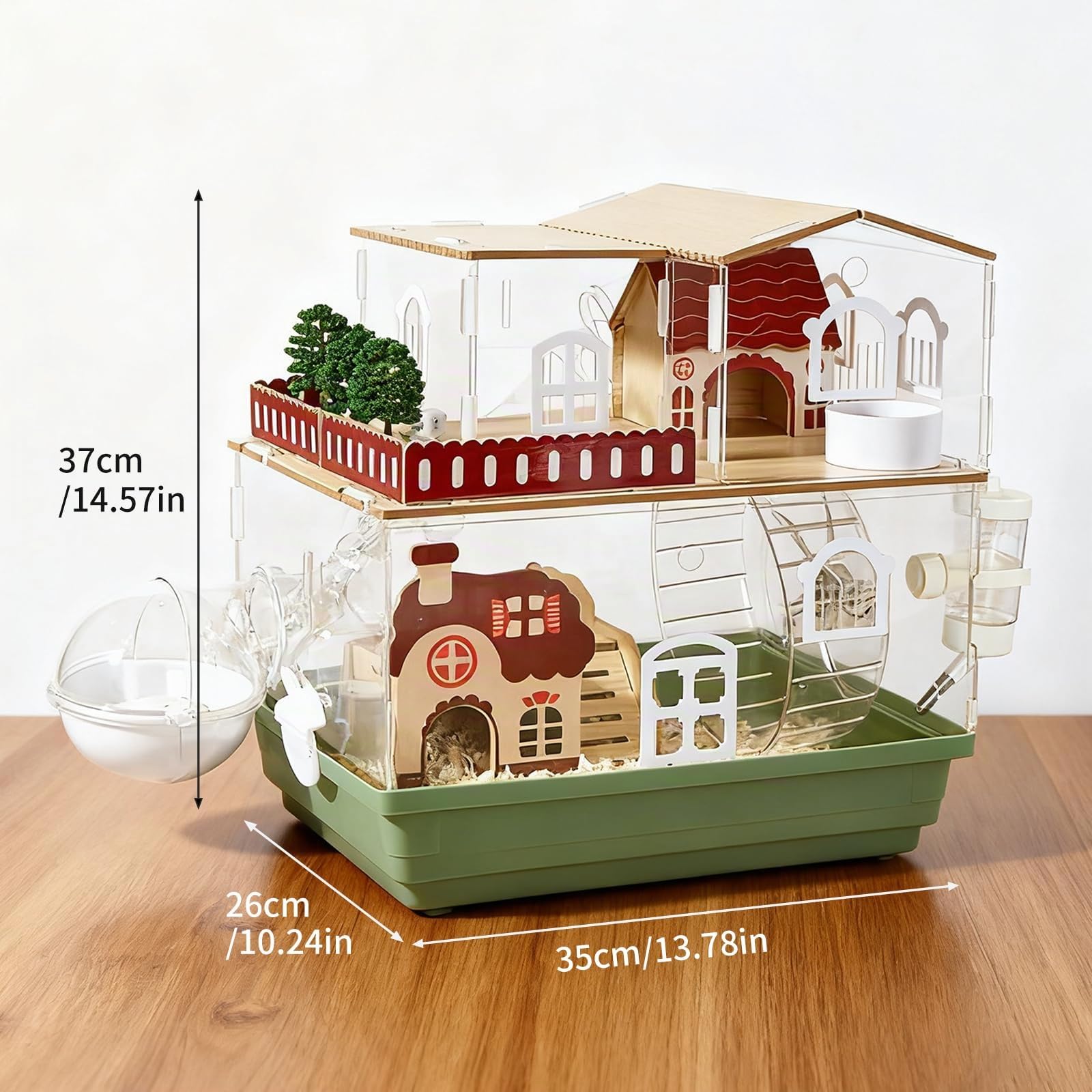 Cage pour hamster 12 en 1 en acrylique design jardin 35 × 26 × 37 cm – Transparente, à plusieurs étages, avec villa en bois, roue, tunnel, gourde, bain et accessoires de jeu (2 niveaux)