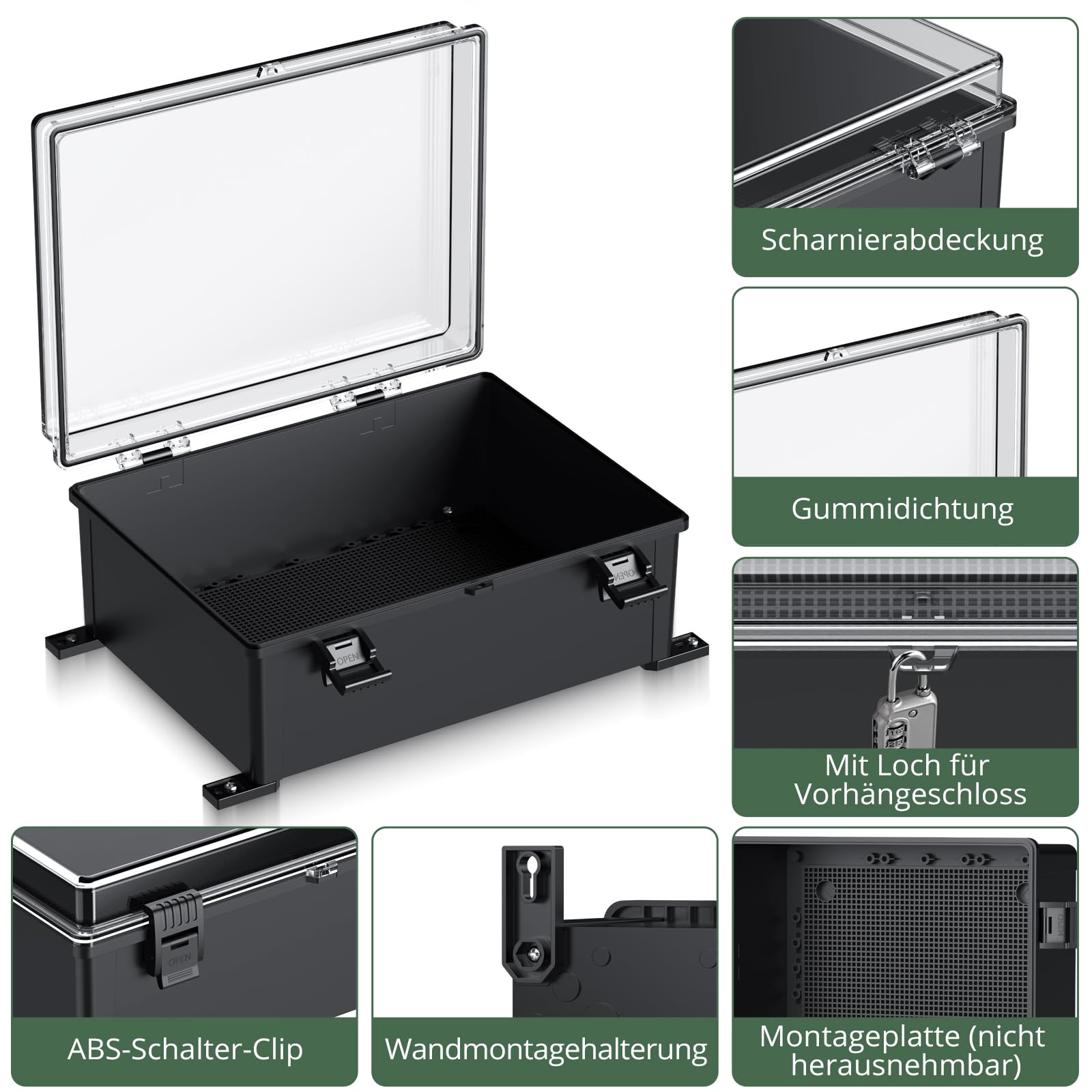 EYPINS Wasserdicht Verteilerkasten IP67, Anschlussdose Wasserdicht ABS Kunststoff Gehäuse außen Steckdosenkasten Schaltkasten Stromkasten mit Montagezubehör 40x30x16cm |Schwarz Schaltschrank/Sichttür