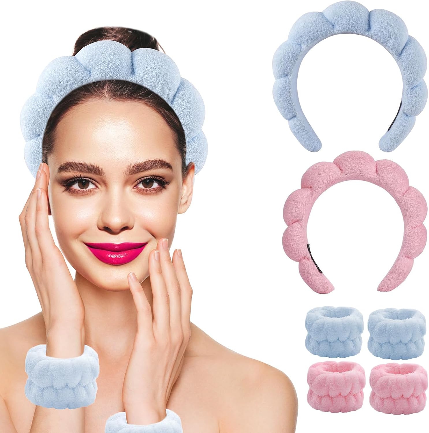 Diylove Makeup Spa Headband for Washing Face, 6pack Face Wash Headband and Wristband Set, Puffy Terry Cloth Headband Skincare Headbands for Women and Girls (Pink,Blue)
