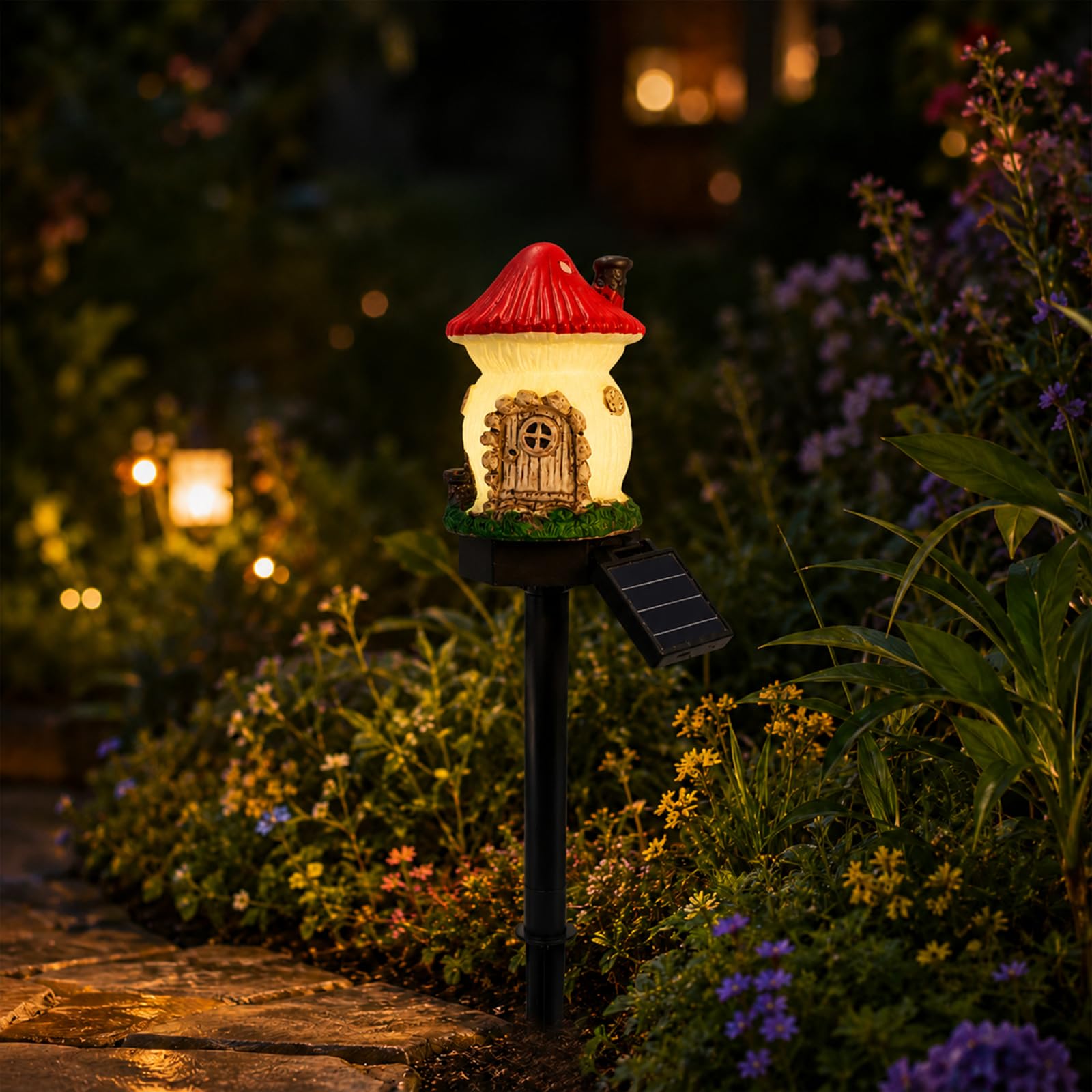 DVDVBOOM Solar Mushroom Cottage Garden Light, Fairy-Tale Solar Mushroom House Outside Decor, Waterproof LED Outdoor Landscape Pathway Light with Auto On/Off Dusk to Dawn.