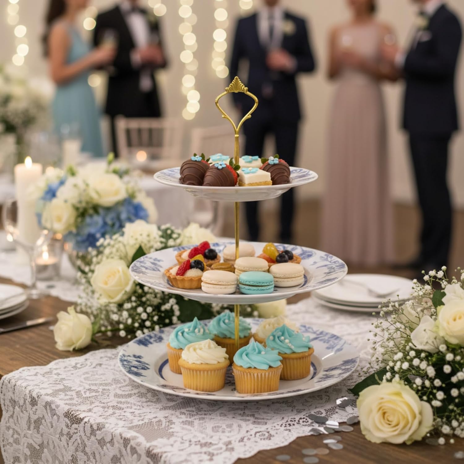 Lallisa Blue Floral 3 Tier Dessert Stand 10", 9" and 7" Ceramic Vintage Chinoiserie Tea Party Tiered Tray Cake Stand Display Holder Tower for Something Blue Before I Do Bridal Shower Decorations