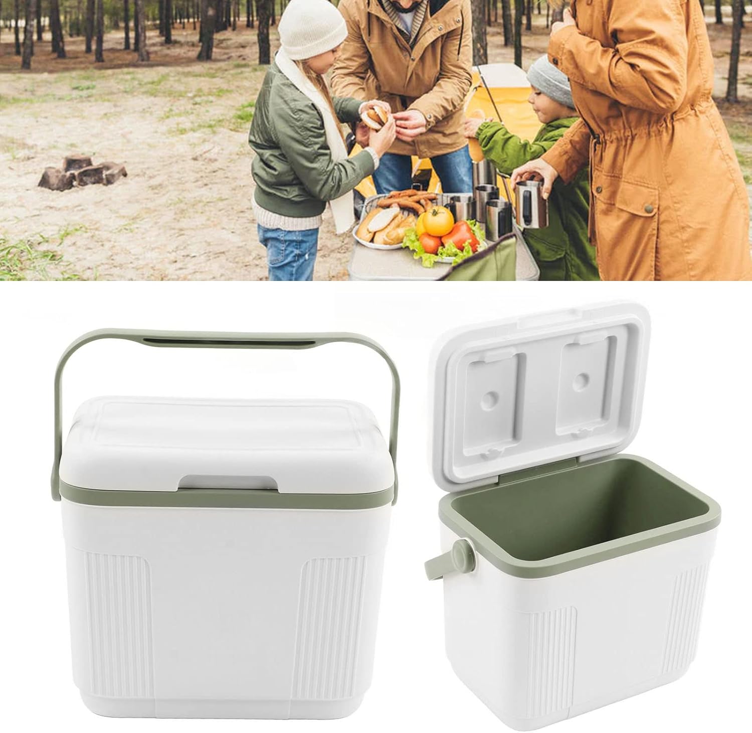 EVTSCAN 22L Portable Cooler, Camping Cooler for Food and Beverage Storage, Food Grade PP Insulation Ice Chest Box for Outdoor Picnic and Barbecue, White and Green