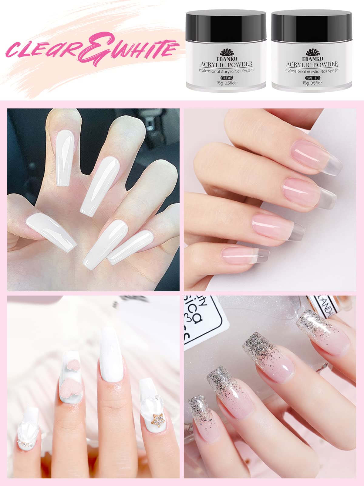 EBANKU Ensemble de Poudre Acrylique Professionnelle - 4 Couleurs pour Extension et Sculpture des Ongles - Longue Durée