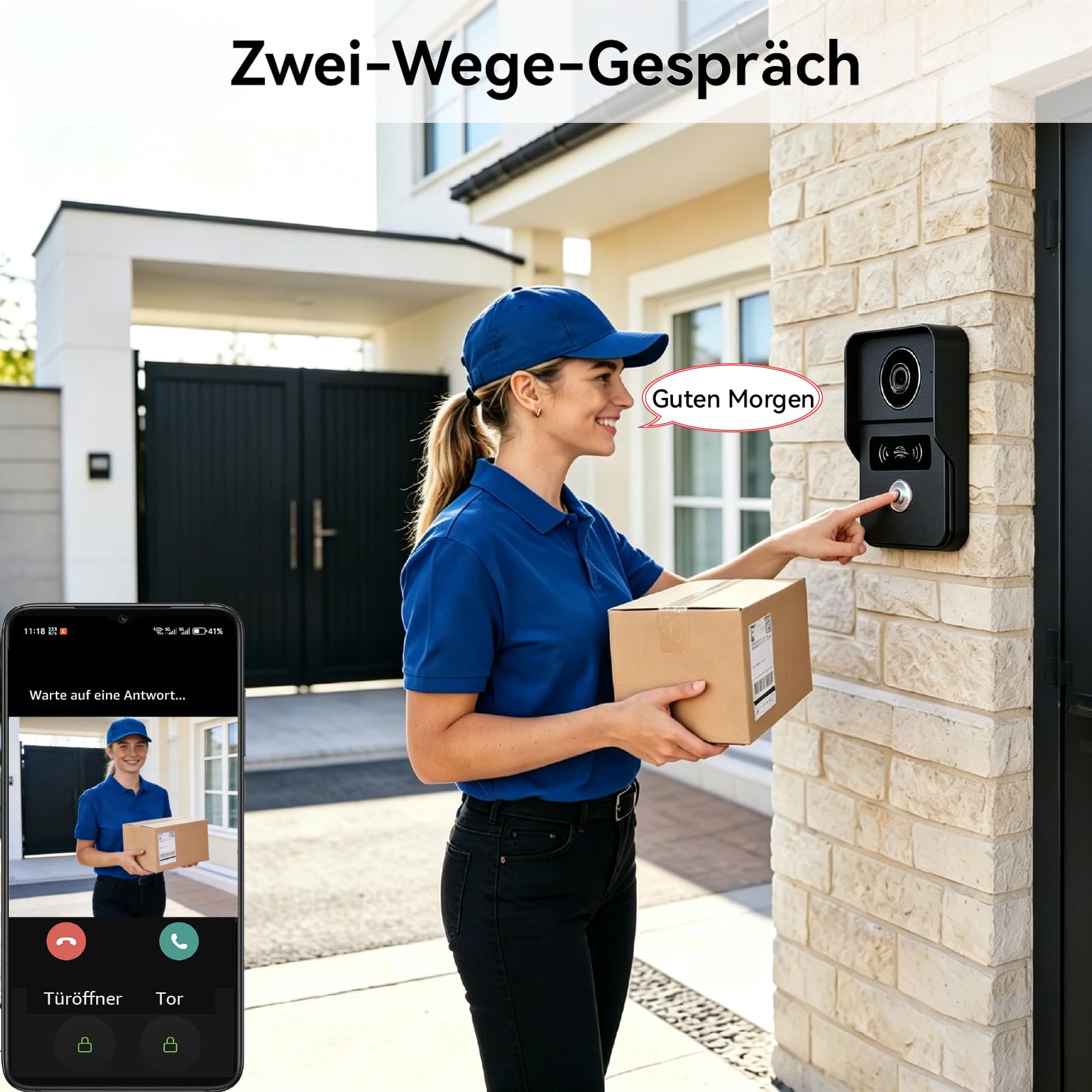 Video-Türsprechanlage, 2 Draht WiFi Türklingel mit 7" Farb-Touchscreen, 1080p Nachtsicht und Zwei-Wege-Audio, Gegensprechanlage mit Fernentriegelung, wifi6 2.4G/5G, KW02-IP7 Schwarz