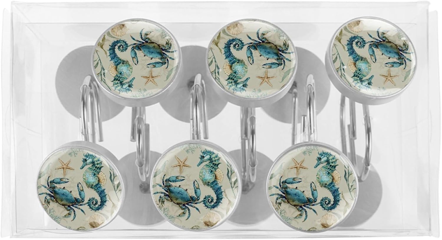 12 Pcs Shower Curtain Hooks, Crab Seahorse Rustproof Decorative Metal Round Shower Curtain Hangers Rings for Bathroom Bedroom Living Room Rods
