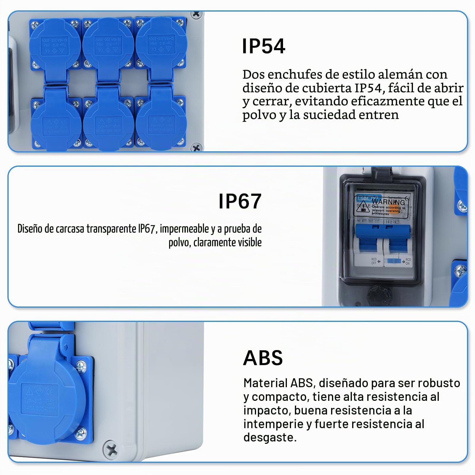 Distribuidor de corriente 16A Distribuidor de energía Distribuidor de pared con interruptor diferencial 1P+N de 63A con 6 tomas (distribuidor 2 polos de 250V) IP54 Estanco