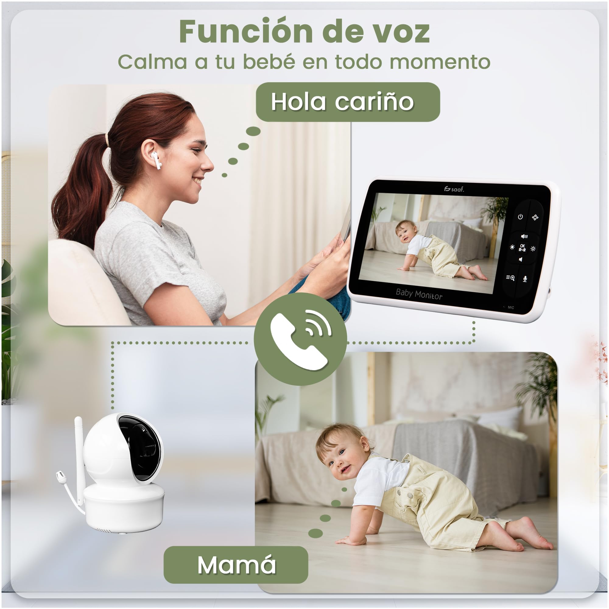 saaf Monitor de Bebé con Cámara y Pantalla de 5” – Cámara Giratoria y Orientable con Función Zoom – Función Hablar y Visión Nocturna – Brillo Ajustable – Soporte Flexible Incluido