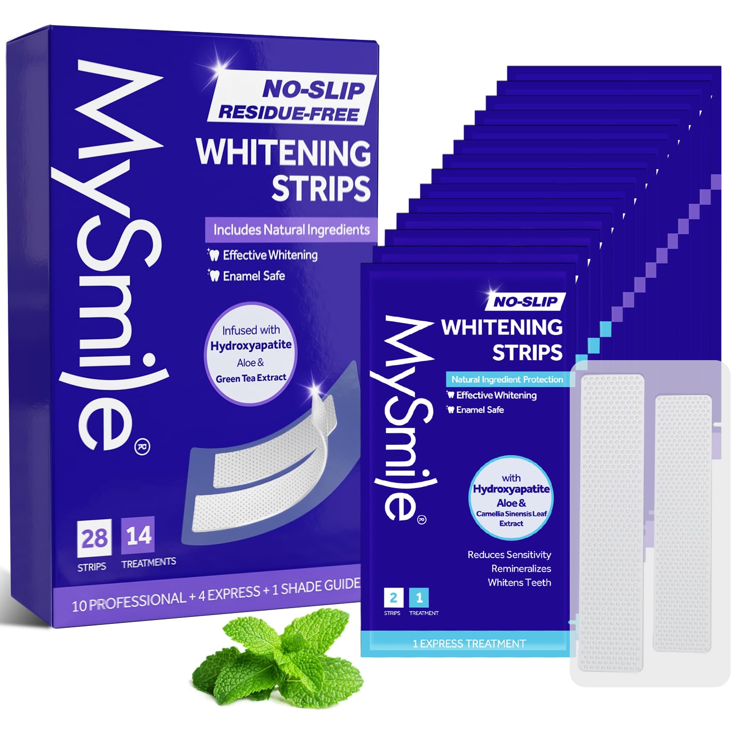 MySmile Teeth Whitening Strips 14 Treatments, Hydroxyapatite-Infused White Strips for Sensitive Teeth, Teeth Whitener with Enamel-Safe Formula, Non-Slip, Residue-Free Whitening Kit, Mint