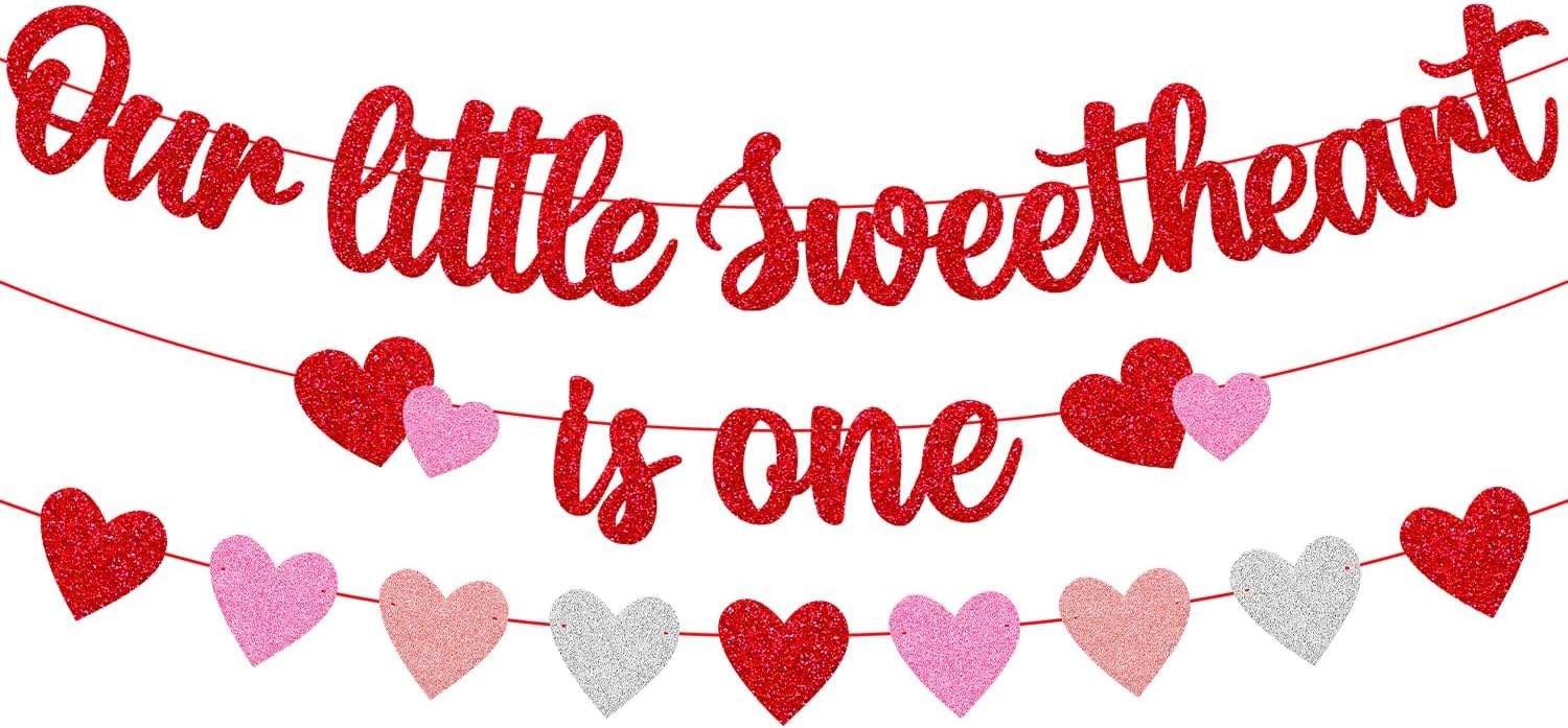 Our Little Sweetheart is One Banner Heart Garland for Kids Valentines Day 1st Birthday Party Decorations Romantic Red and Pink Glitter Party Supplies