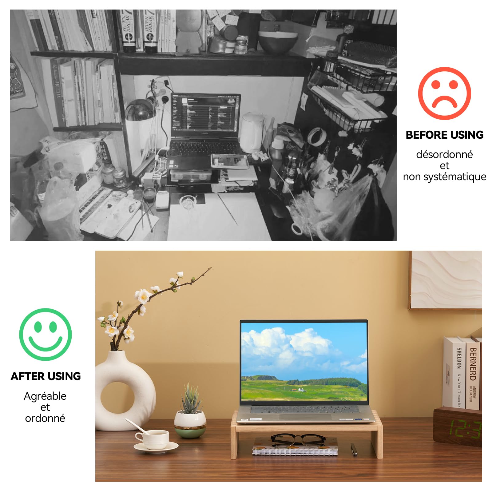 KIRIGEN Support d’écran en bois, rehausseur PC, 39 x 24 x 8,5 cm, naturel | Paulownia massif, fait main, livré monté, tenon-mortaise, charge max. 20 kg, huile végétale, 4 patins antidérapants