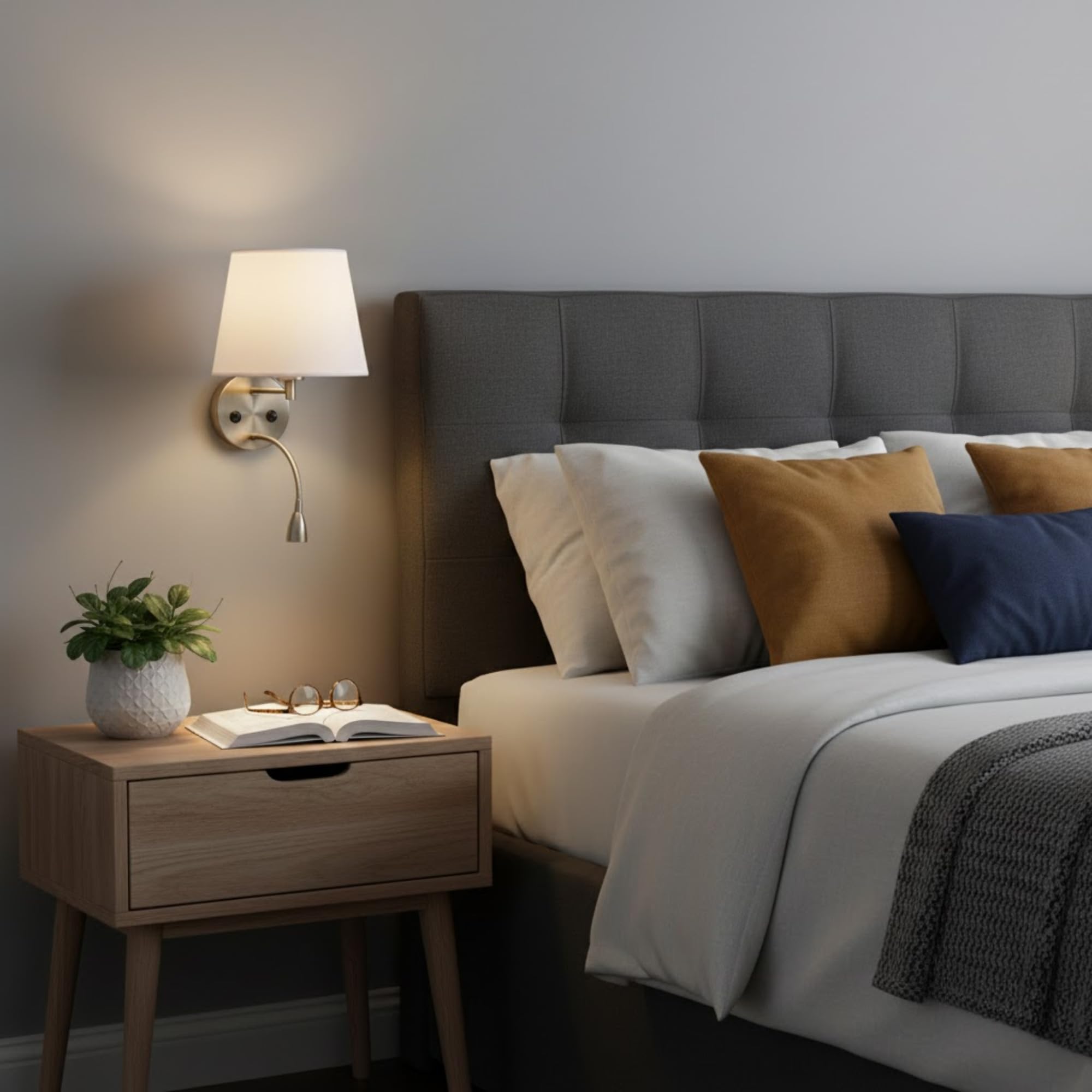 BarcelonaLed - Applique da parete E27 con faretto di lettura orientabile flessibile da 1 W, paralume in tessuto bianco, con 2 interruttore, per camera da letto, testiera del letto, comodino, salotto