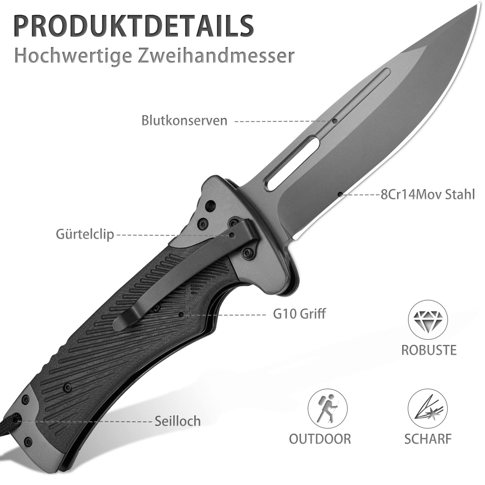 LOTHAR RHINO Navaja Plegable, Cuchillo Plegable de una Mango con Hoja de Acero de 8Cr14Mov y Mango de G10, Bloqueo de Liner Seguro