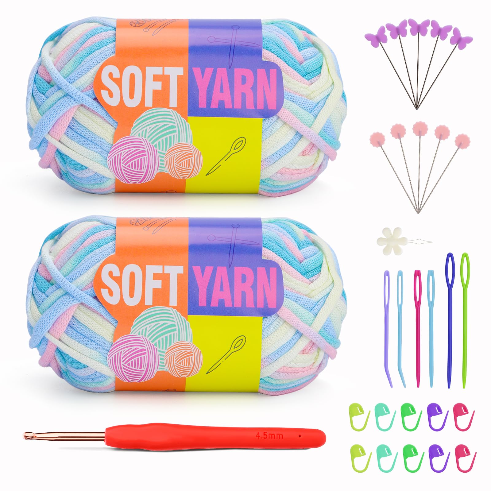 IMZAY 100g/3.52OZ Yarn for Crocheting, Rainbow Color Cotton Yarn and Yarn for Beginners with Easy-to-See Stitches, Ergonomic Handle Hooks, Cotton Nylon Chunky Yarn for Crocheting and Knitting-Blue