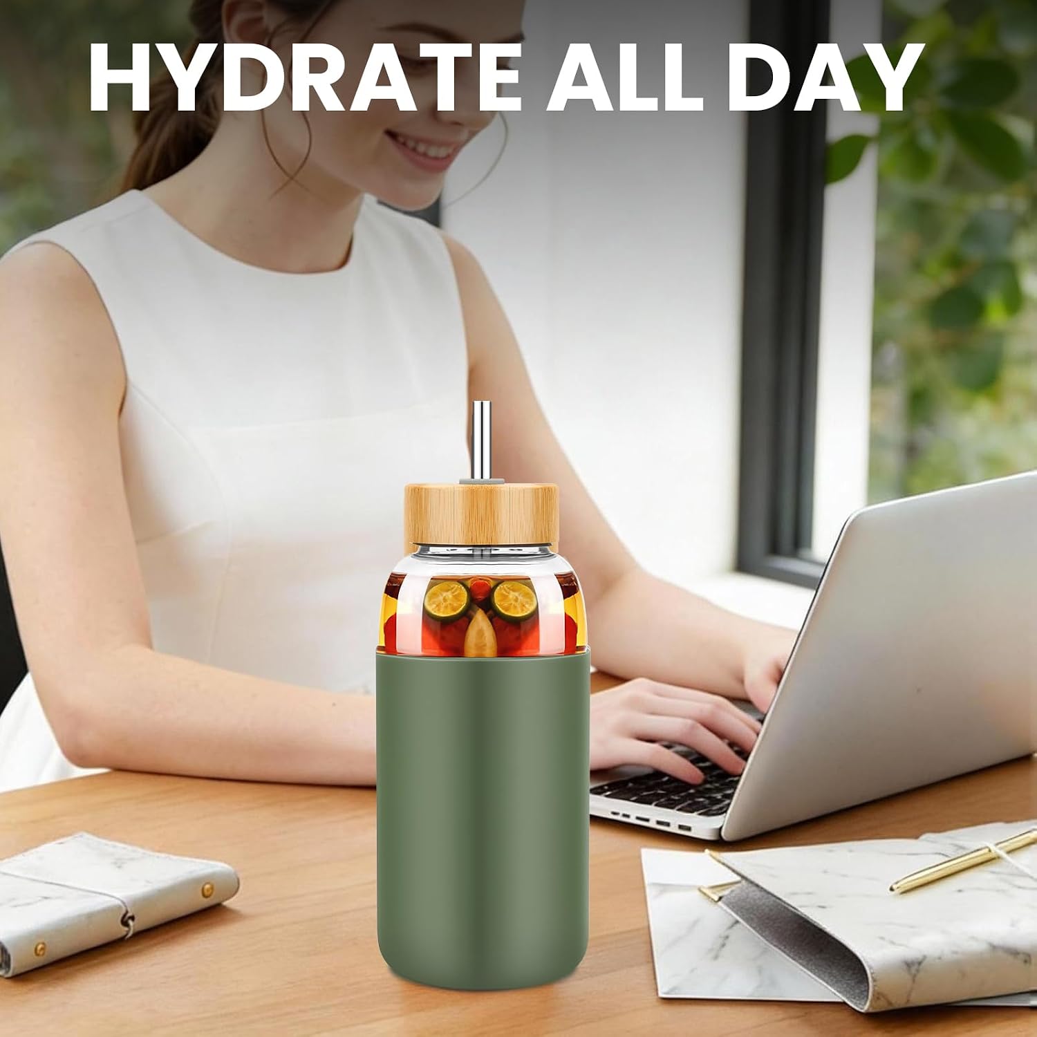 PROBTTL Glass Water Bottles 64 oz, Half Gallon Glass Water Bottle with Straw, Silicone Sleeve, 2 Lids - Handle Spout & Bamboo Straw Lid (Olive)