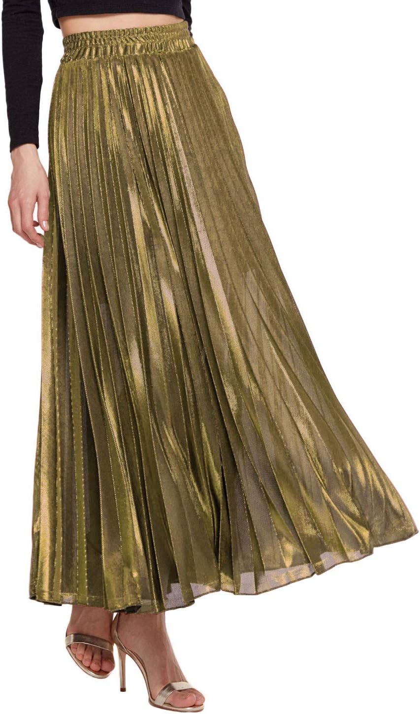 Amormio Women's Glittery Gold/Silver High-Waist Metallic Accordion Pleated Formal Party Maxi Skirt (Luxurious Gold, Medium)