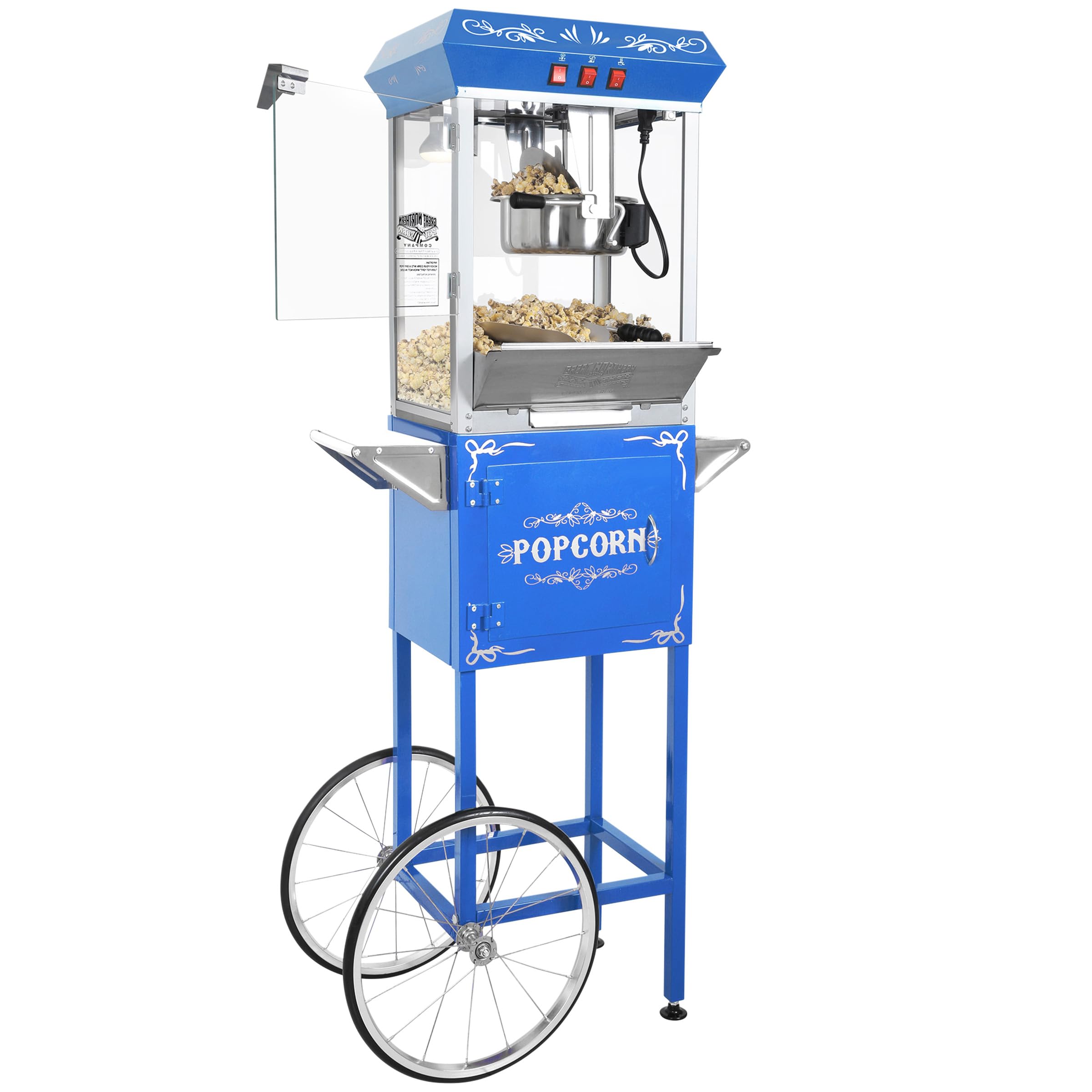 Foundation Popcorn Maker Machine with Cart - 8oz Stainless Steel Kettle Makes up to 48 Cups - Movie Theater Style Vintage Popcorn Machine Cart on Wheels by Great Northern Popcorn (Blue)
