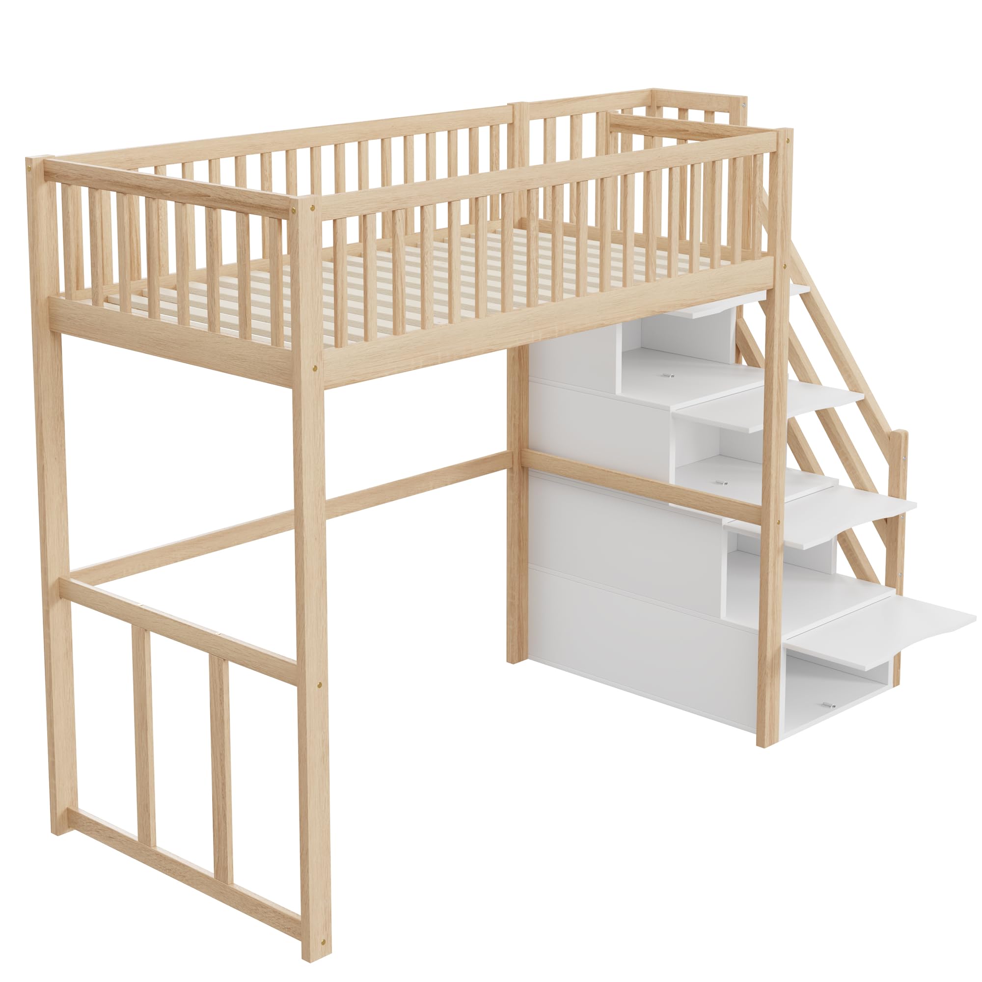 ZYLOYAL10 Hochbett 90x200 mit Sicherheits-Aufbewahrungsleiter, Bettgestell aus massivem Kiefernholz für Kinder und Jugendliche (Holzfarbe)