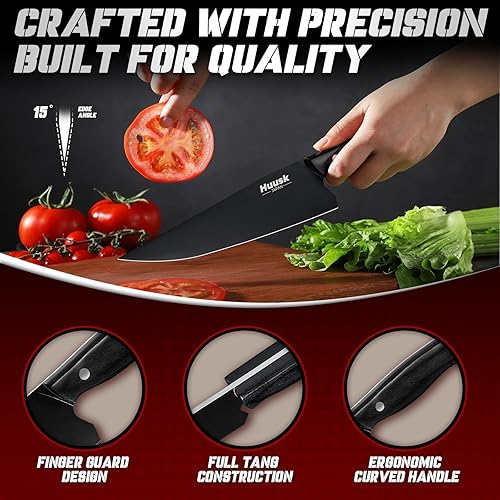 Miniatura 3 de Huusk Cuchillo de chef japonés para cocina, cuchillo de cocina de acero inoxidable de 8 pulgadas con revestimiento de titanio negro, cuchillos de