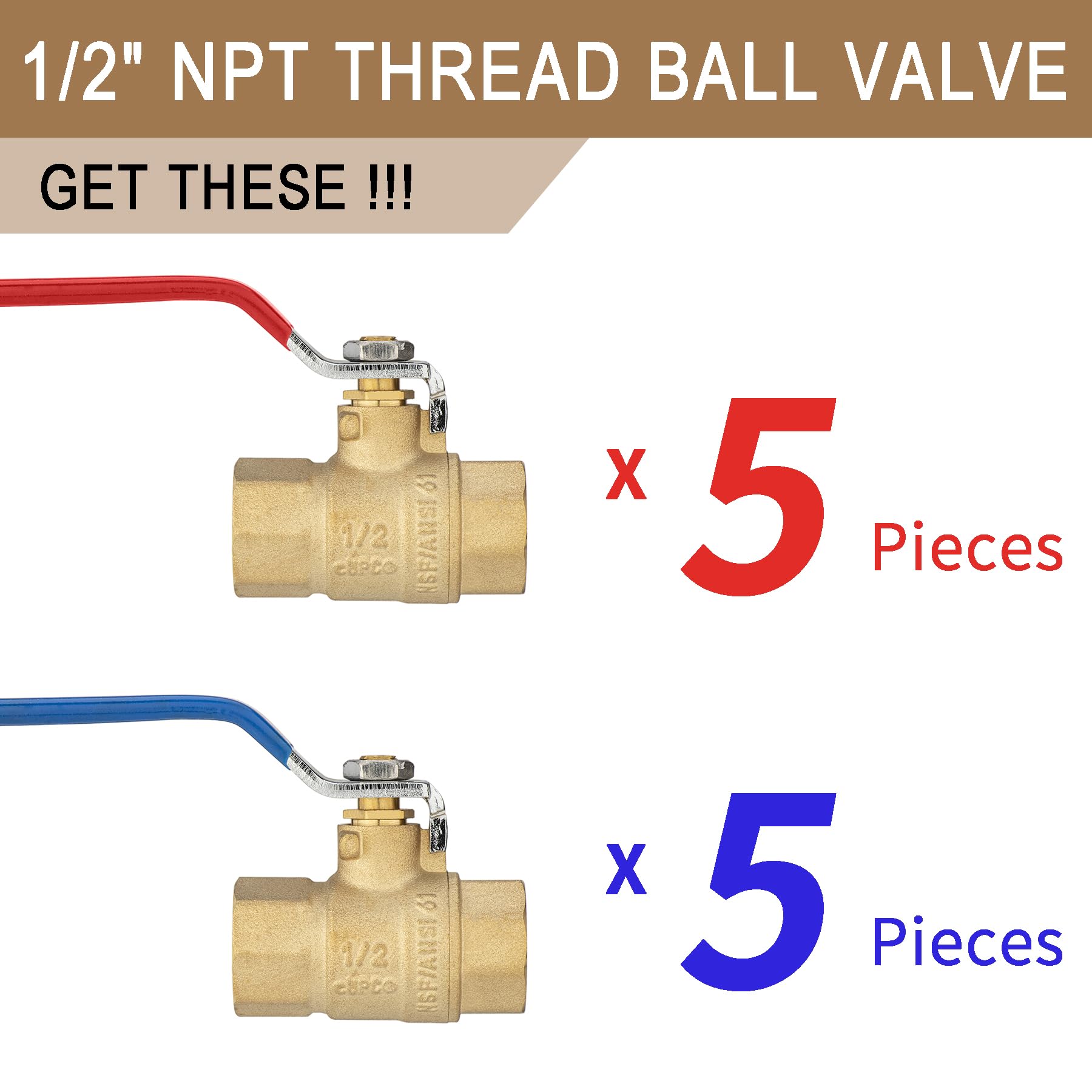 Válvula de bola de rosca NPT de 1,27 cm, 10 unidades, válvula de cierre LING-BV1-1/2FNPT-10