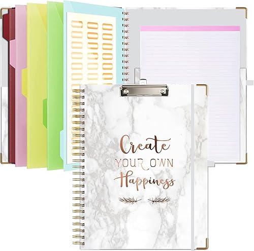 Folio portapapeles con bloc de notas recargable, lindo portapapeles 5 divisores con 10 bolsillos, carpeta portapapeles en espiral con lazo para