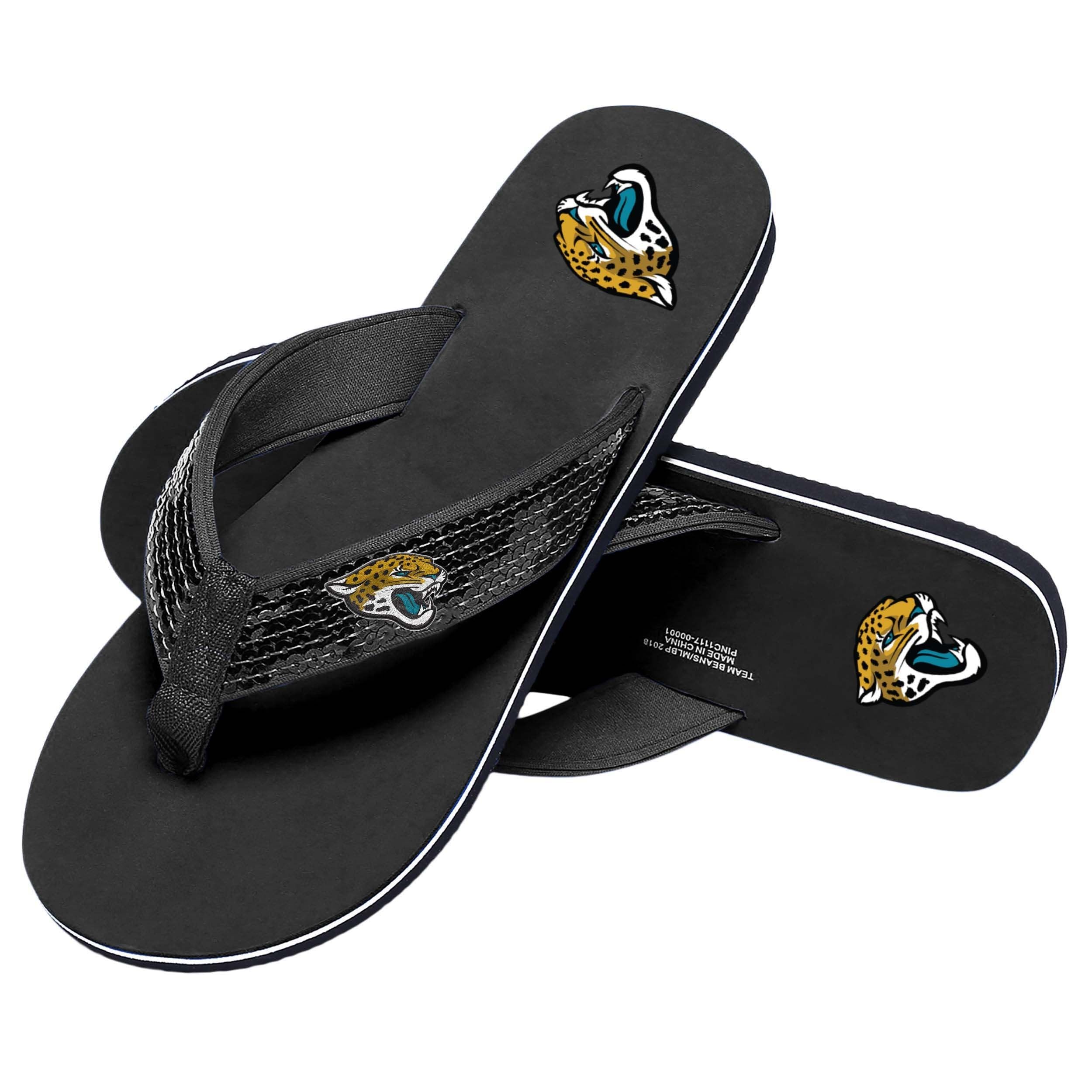 FOCO Womens NFL Team Logo Sequin Strap Sandals Flip Flops