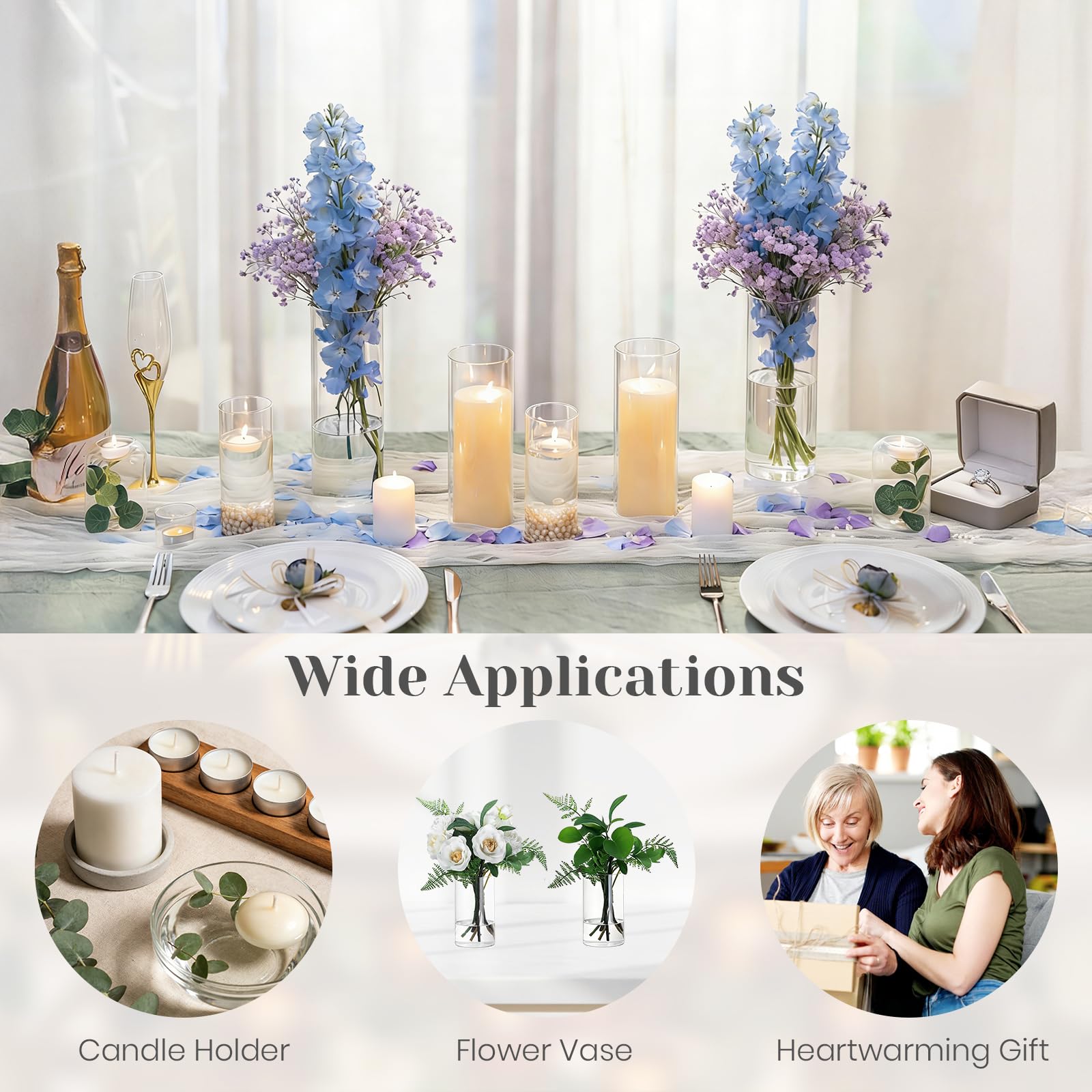 Hewory Portacandele in vetro per decorazione da tavolo: set da 6 vasi in vetro cilindro, grandi portacandele per decorazioni di nozze, portacandele in vetro spesso 3 mm, cilindri in vetro per candele