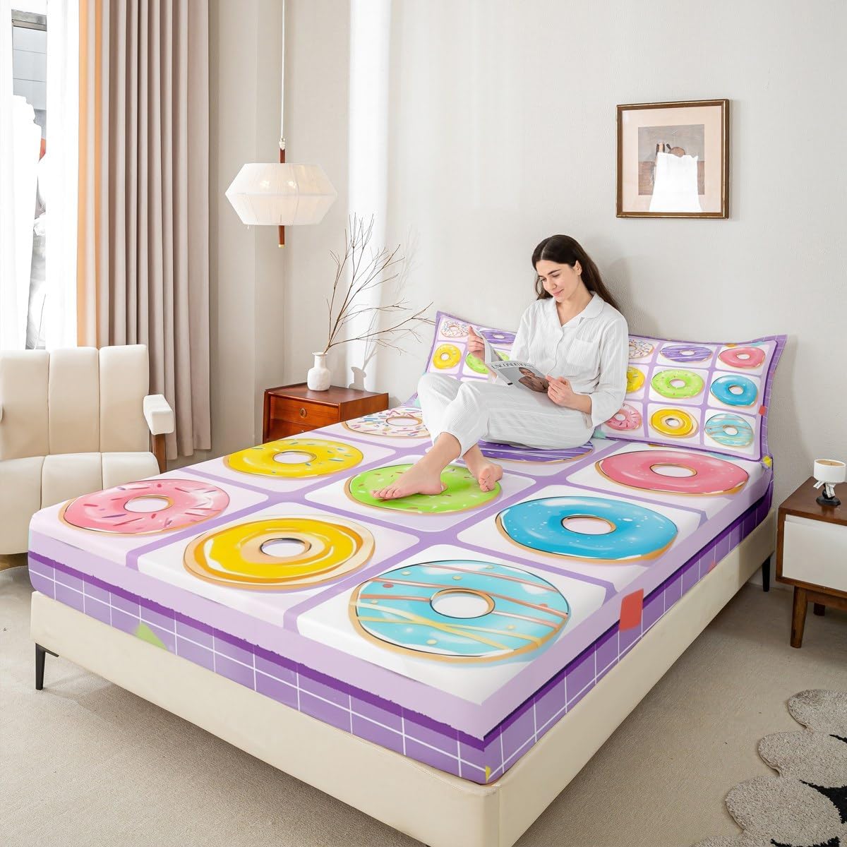 Girls Doughnut Bed Sheets Cute Sweet Dessert Fitted Sheet Full for Kids Boys Teens,Purple Geometric Patchwork Sheets Colorful Doughnuts Bed Set,Cute Room Decor Aesthetic