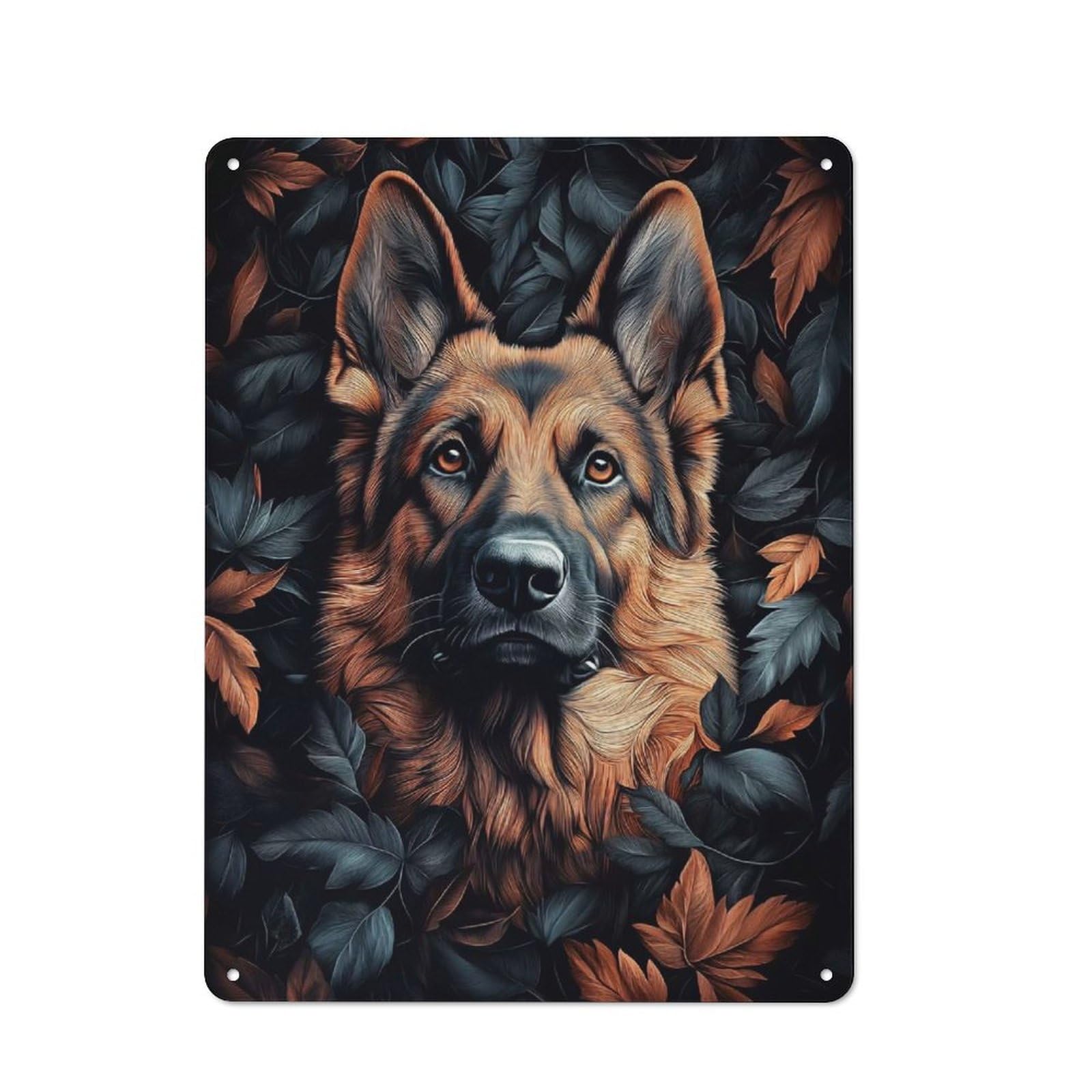 Junmoney German Shepherd In Leaves Tin Sign With Design 40X30cm, Weathered Look Shed Wall Plaque For Tool Room, Garage, Studio Or Home Bar