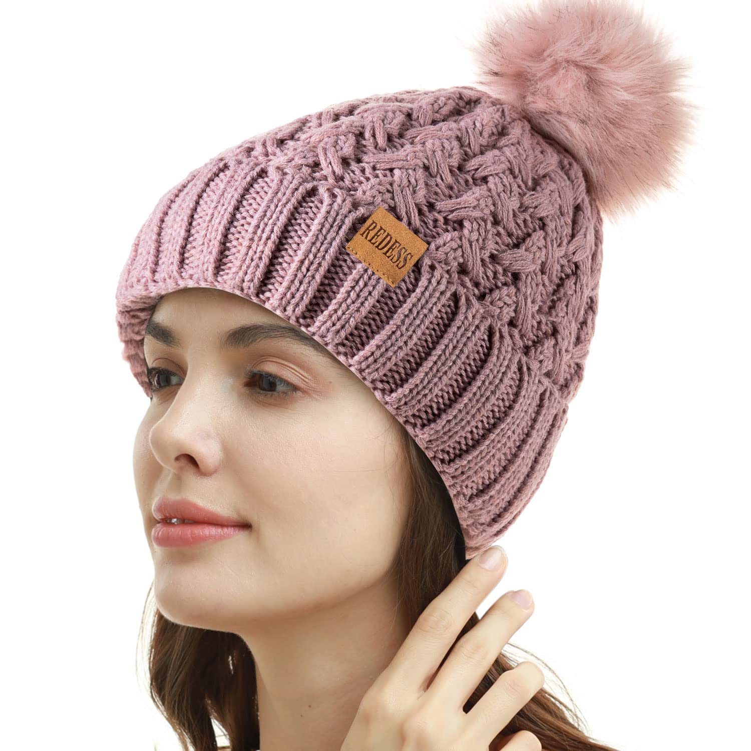 REDESS Cappello Invernale da Donna con Pompon con Pompon Cappelli Caldi Foderati in Pile, Berretto Incrociato in Maglia di Neve Spessa e Morbida per Le Signore