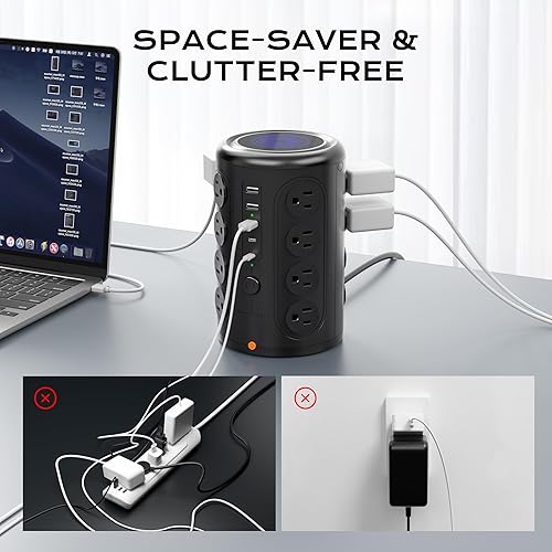 Miniatura 5 de Regleta de alimentación con protector de sobretensiones, cable de 10 pies, torre de alimentación vertical con 16 tomas de corriente y 5 puertos USB